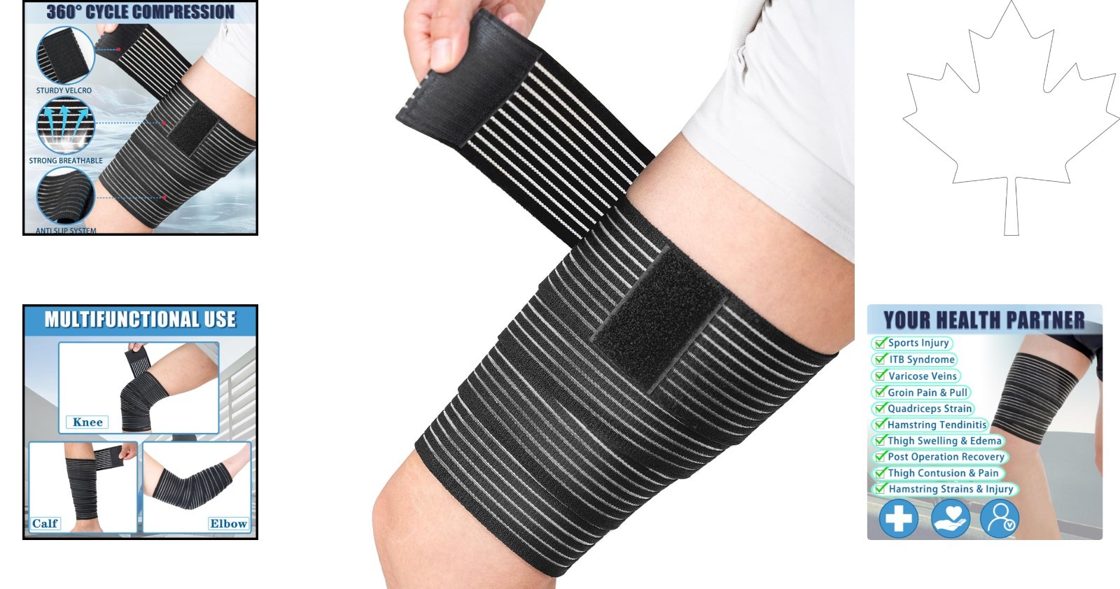 Versatile Thigh and Calf Compression Band for Injury Support – Black, 1 Pcs