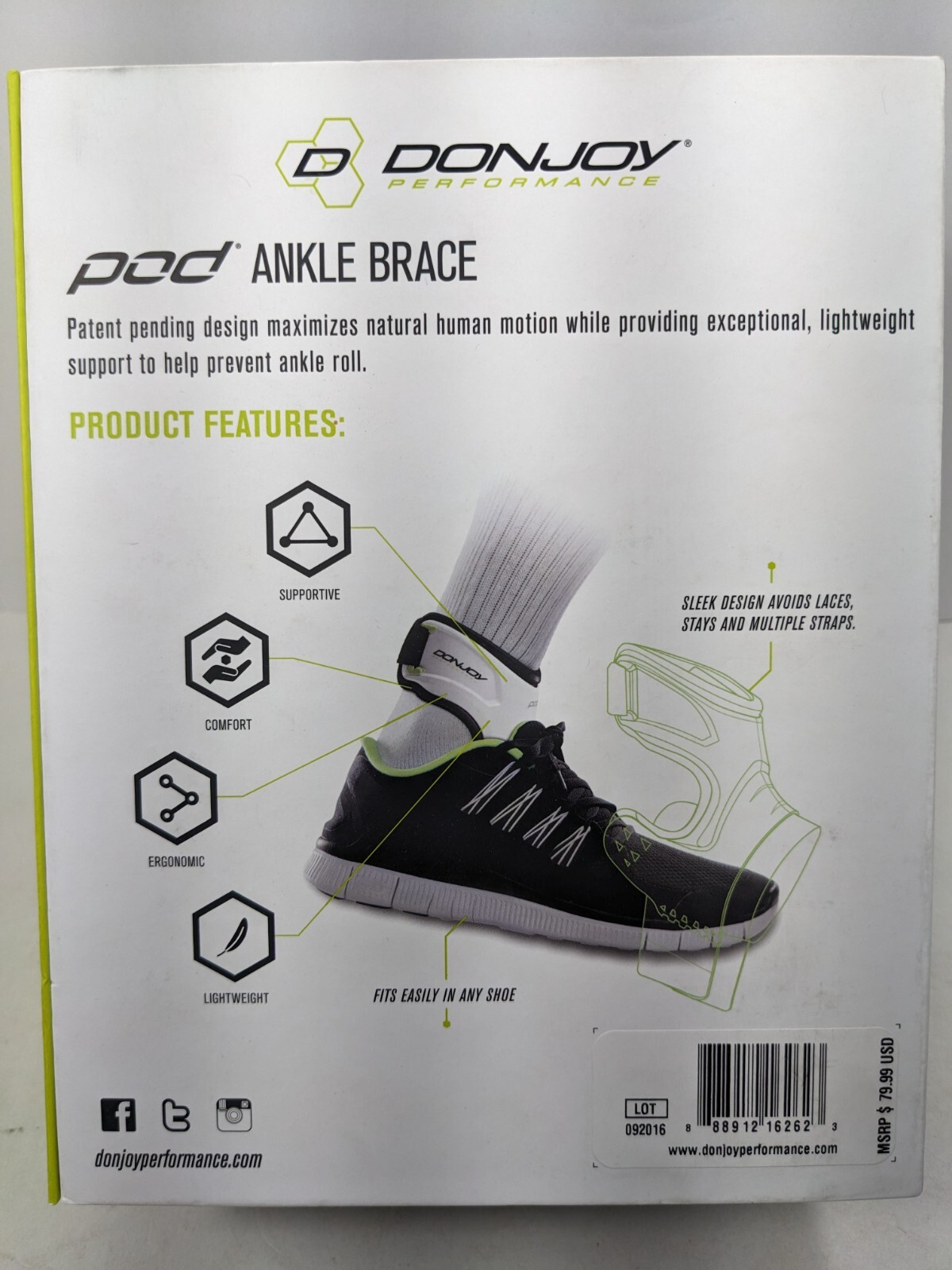 DonJoy Performance POD Prevention: Ankle Support Brace, WHITE, Extra Small Left