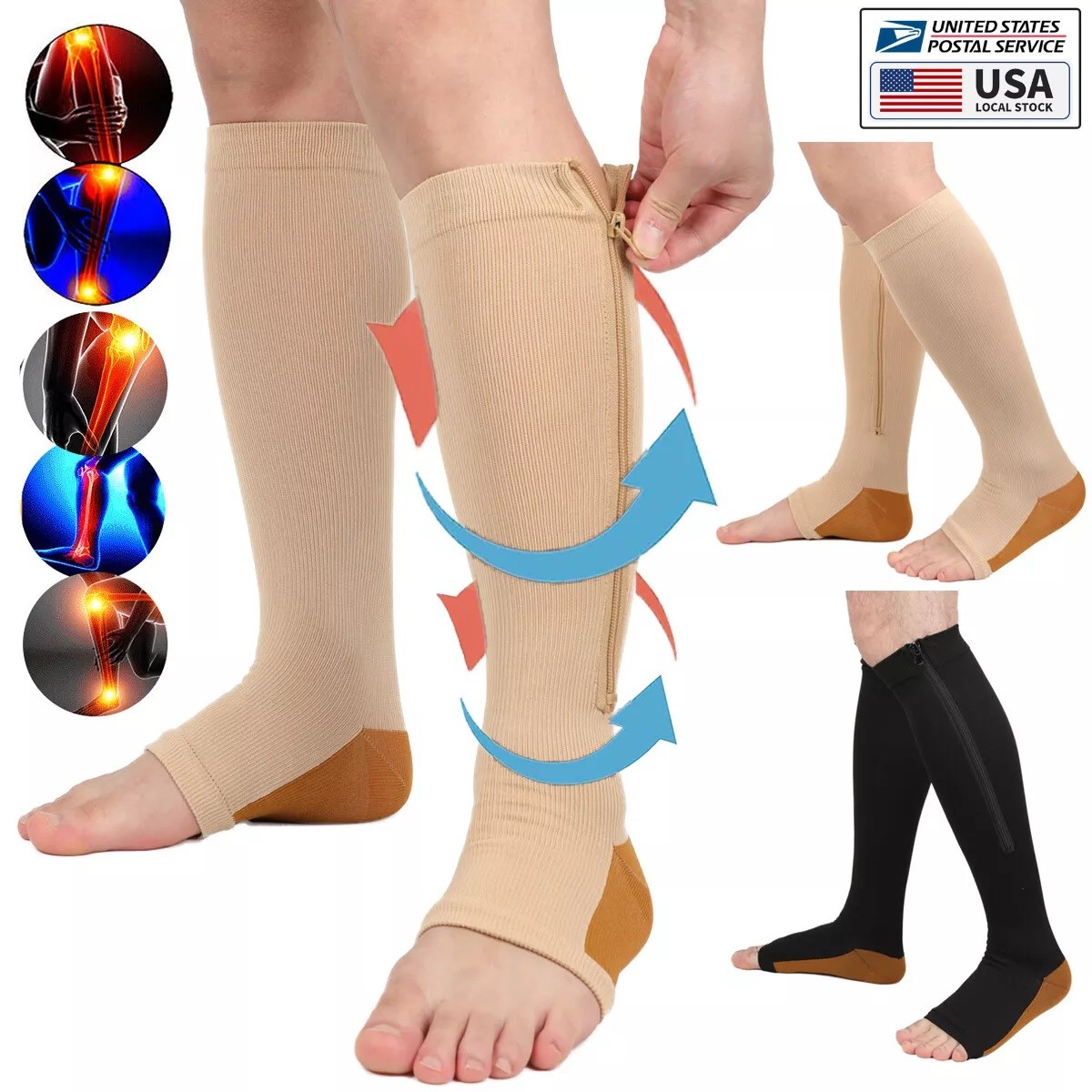 Zipper Compression Socks Women & Men Calf Knee High 15-20mmHg Open Toe Compressi