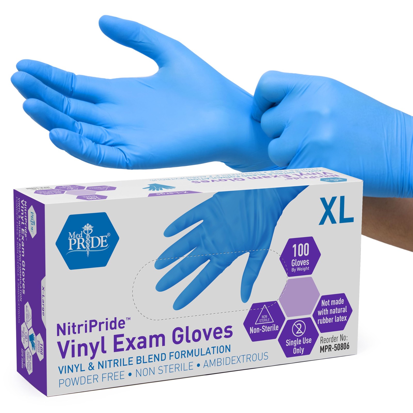 MED PRIDE Nitrile/Vinyl Blend Exam Gloves, Powder-Free, X-Large, Blue