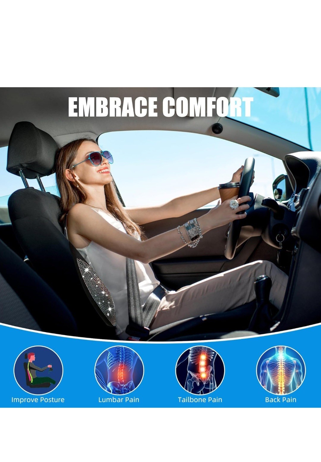 Memory Foam Lumbar Support Cushion for HomeOffice CarSeat Pillow Blue/Diamond G