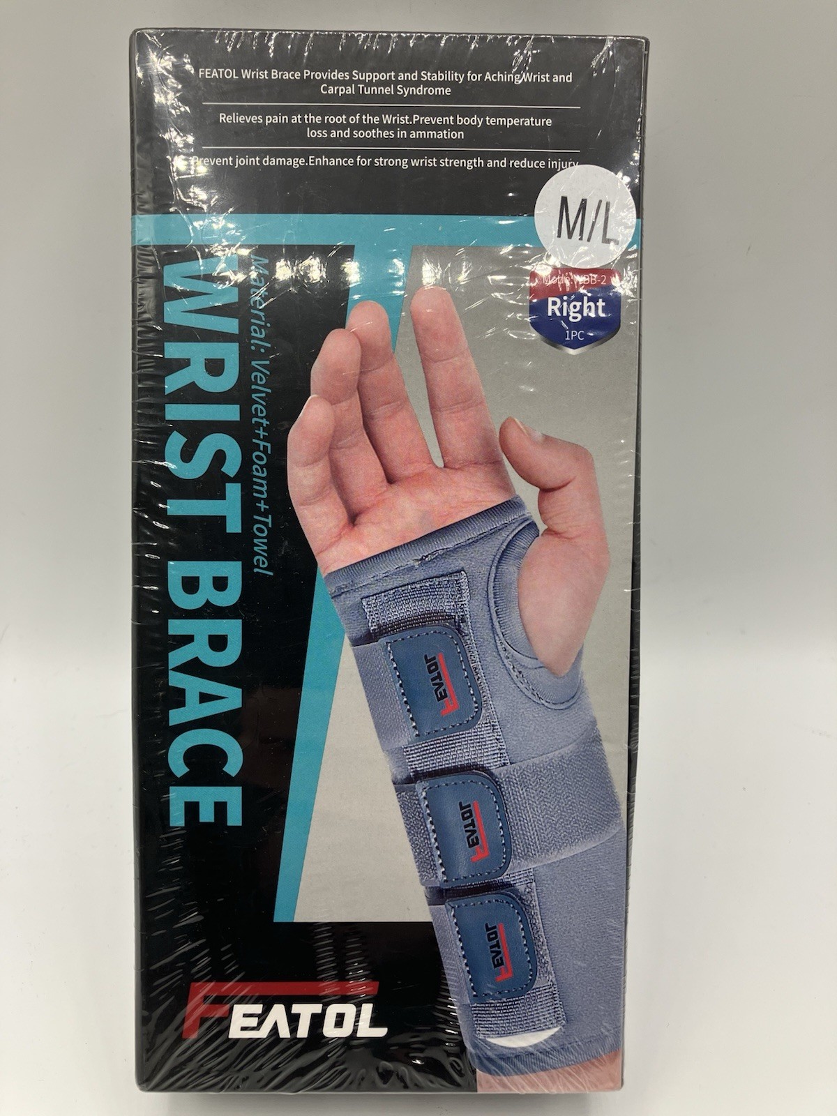 FEATOL Wrist Brace Right Hand M/L Carpal Tunnel Support Splint New Sealed