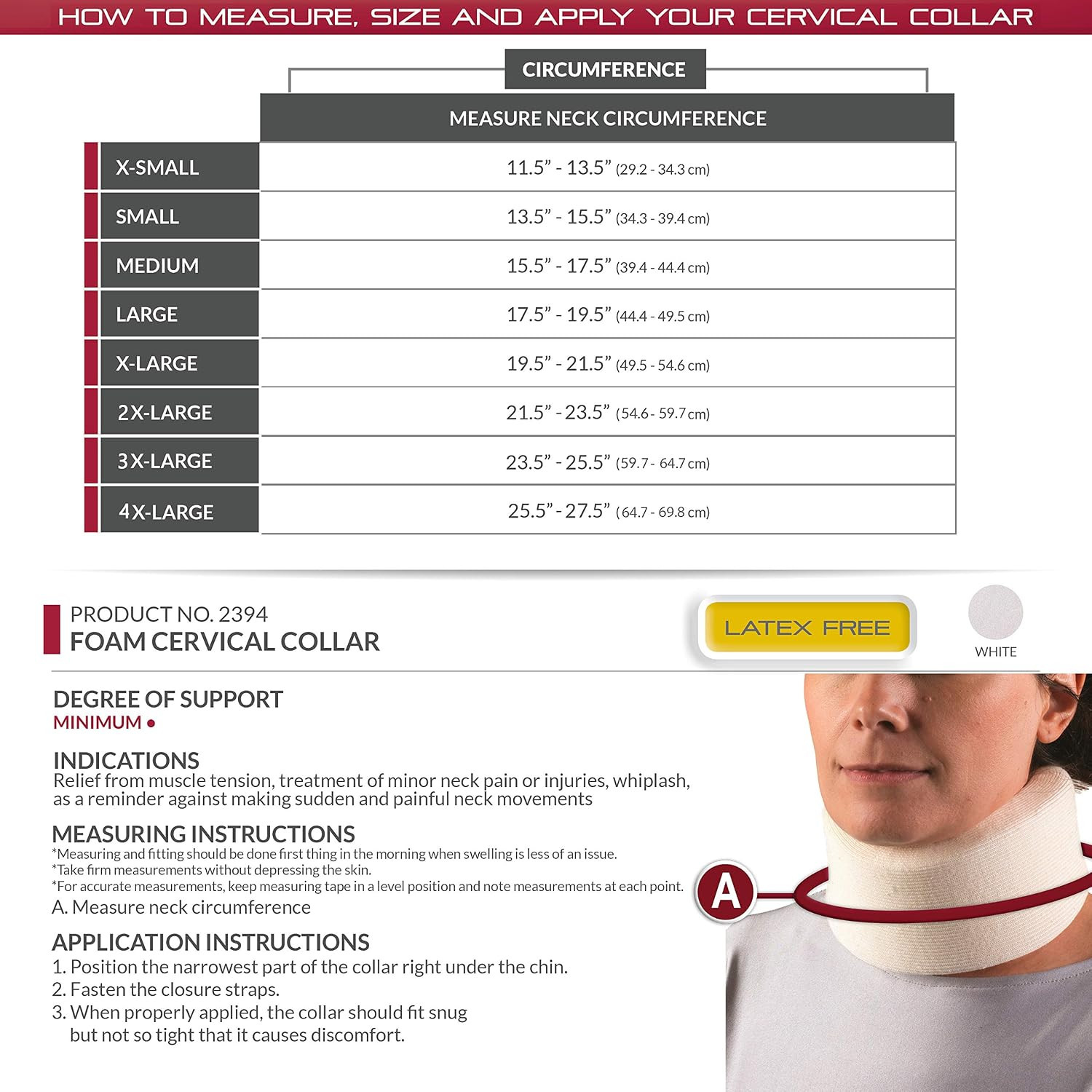 Cervical Collar, Soft Contour Foam, Neck Support Brace, White Narrow 2.5″ Depth,
