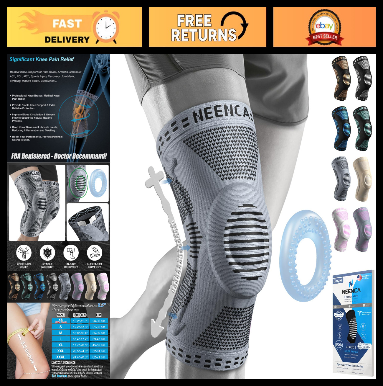 Knee Brace for Pain Relief, Medical Support with Patella Pad & Stabilizers, Comp