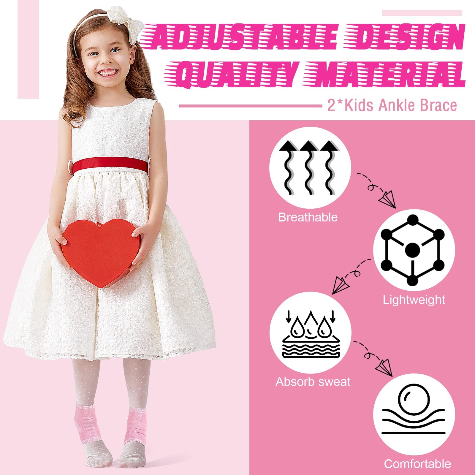 2 Pairs Kids Ankle Brace Pink Medium Compression Sleeve Support Stabilizer