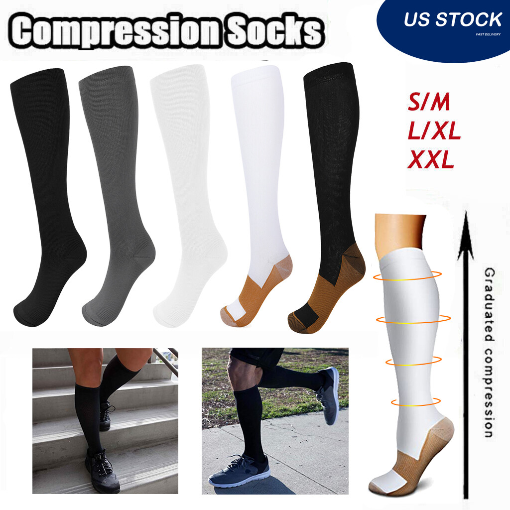 (3 Pairs)Copper Compression 20-30mmHg Graduated Support Socks Mens Womens S-XXL