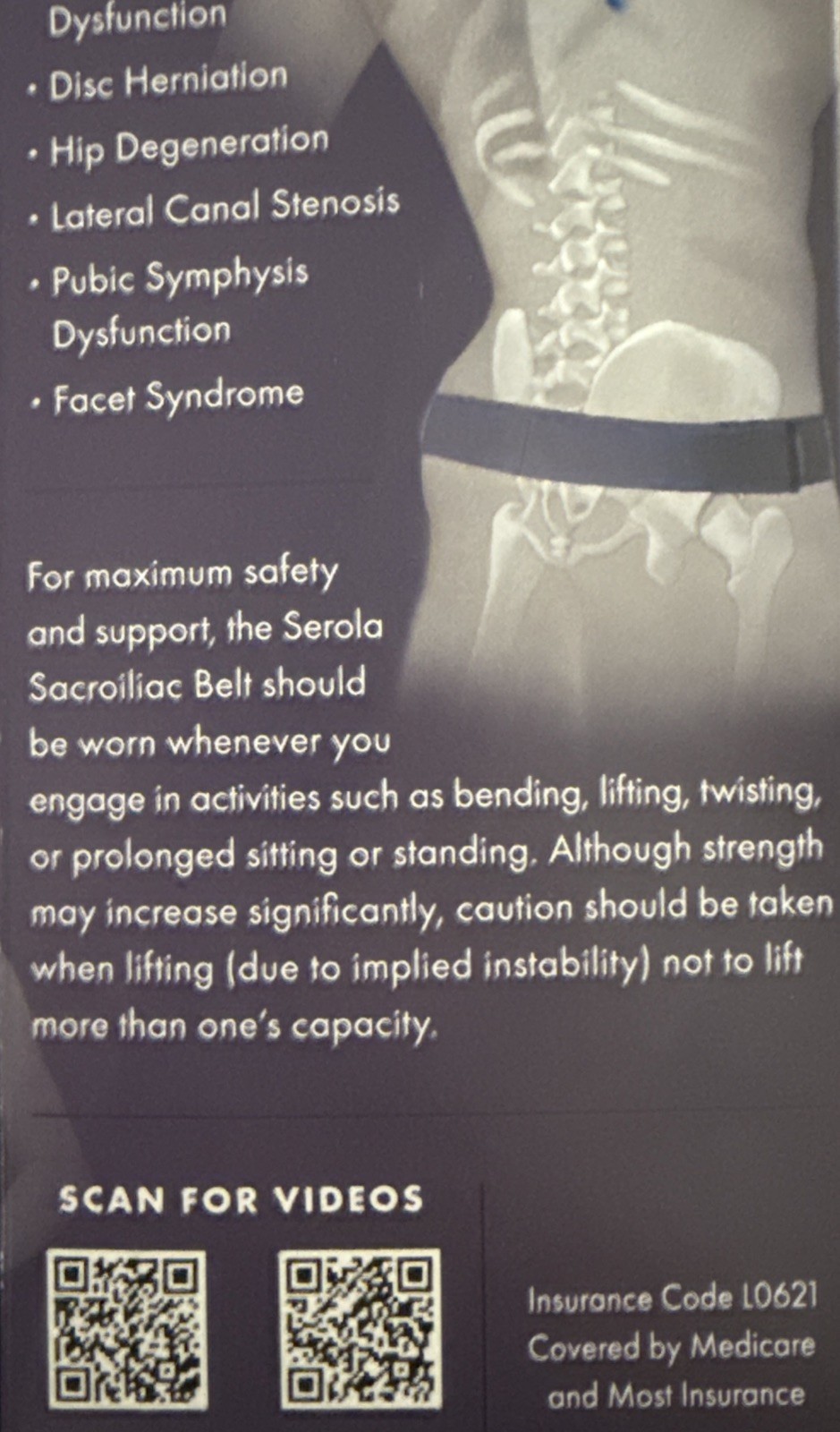 SEROLA Biomechanics Sacroiliac Pain Relief Belt Size Med Fits 40”- 46” Hip USA