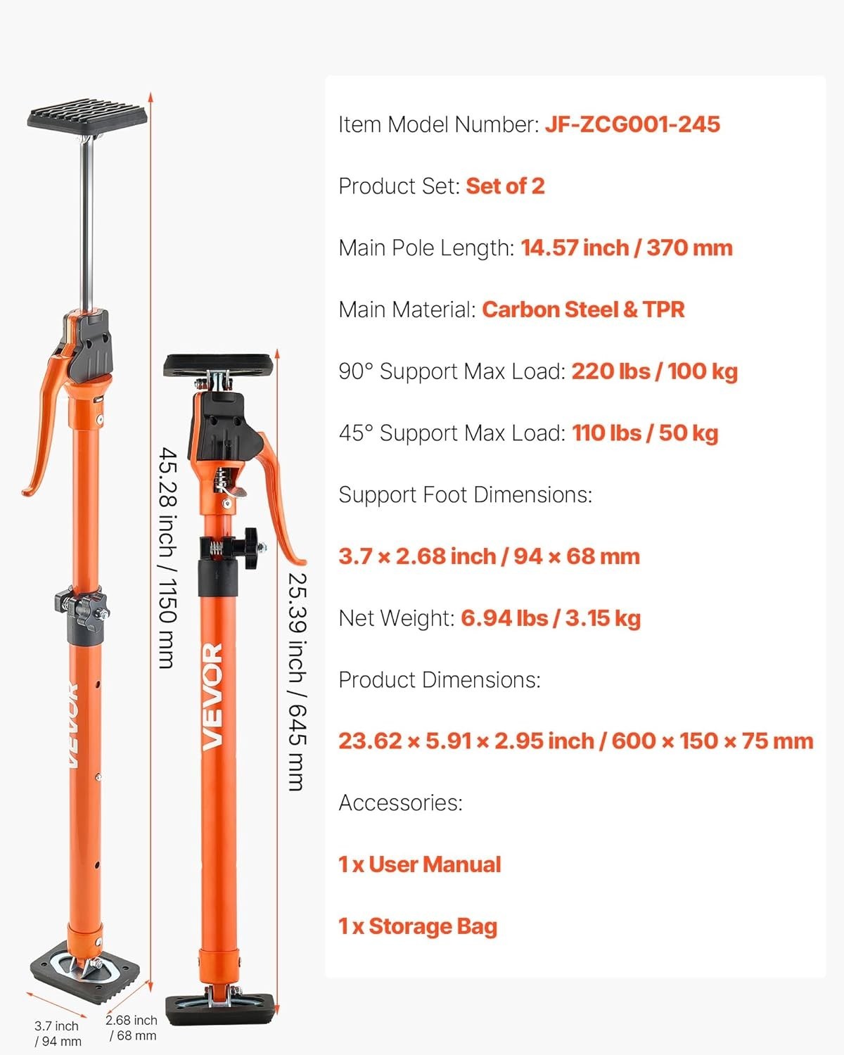 Versatile 2-Pack Cabinet Jack Poles, 25.4-45.3 Inch, Easy Setup for DIY Projects