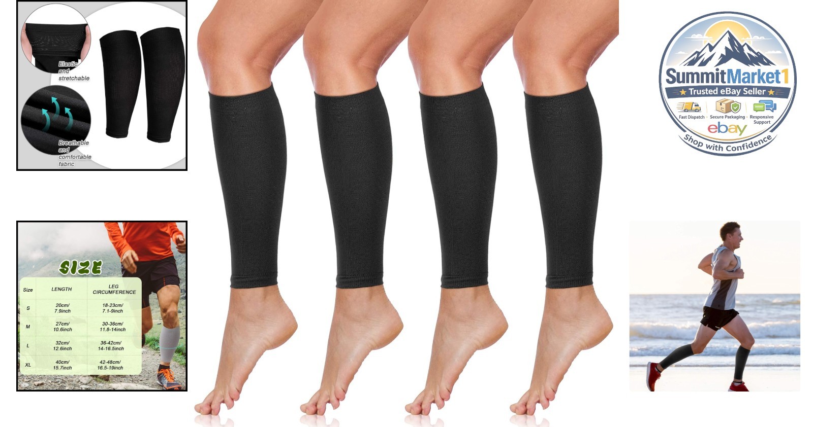 Calf Compression Sleeves 4 Pairs Large Black for Men Women Youth Support