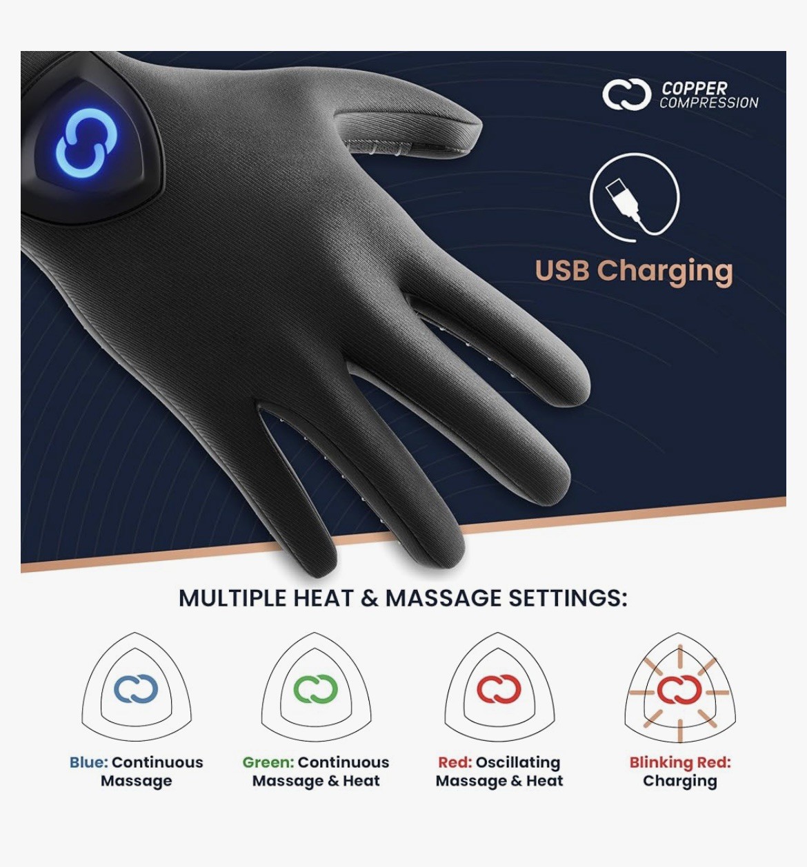 Copper Compression CopperVibe Vibration Heat Therapy Gloves Black (1 Pair)