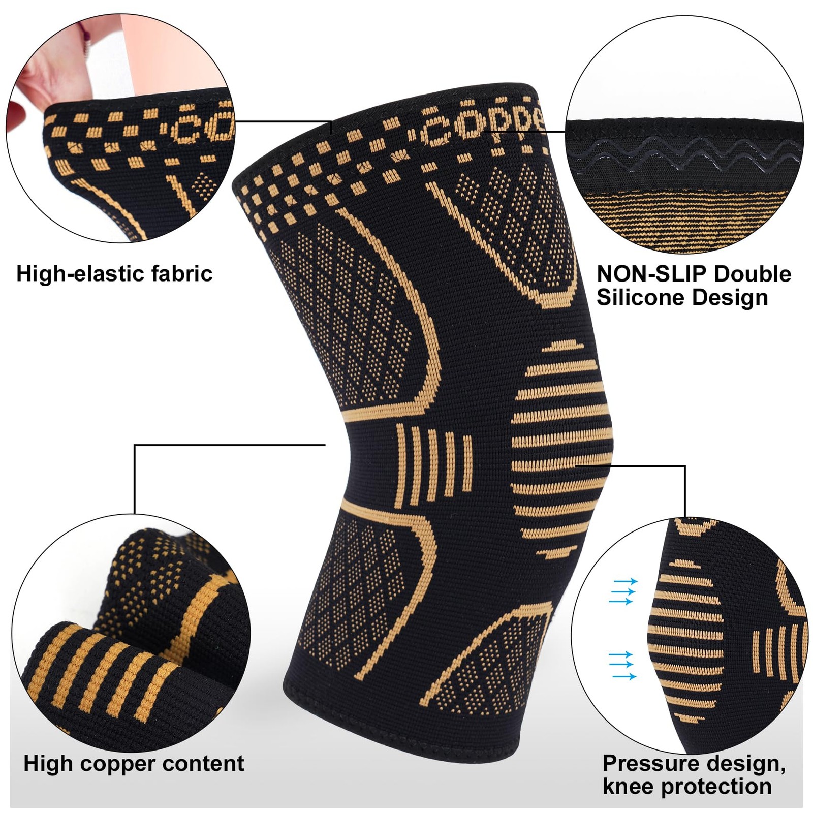 2 Pack Copper Knee Brace Knee Compression Sleeves Support for Working Out Sports