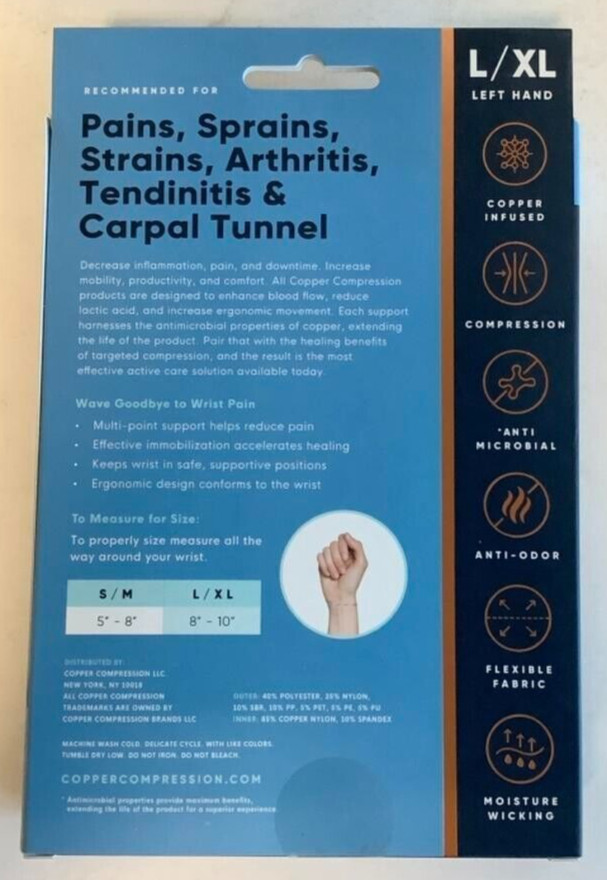 NEW Copper Compression Copper Infused LARGE/X-LARGE Left Hand Wrist Brace