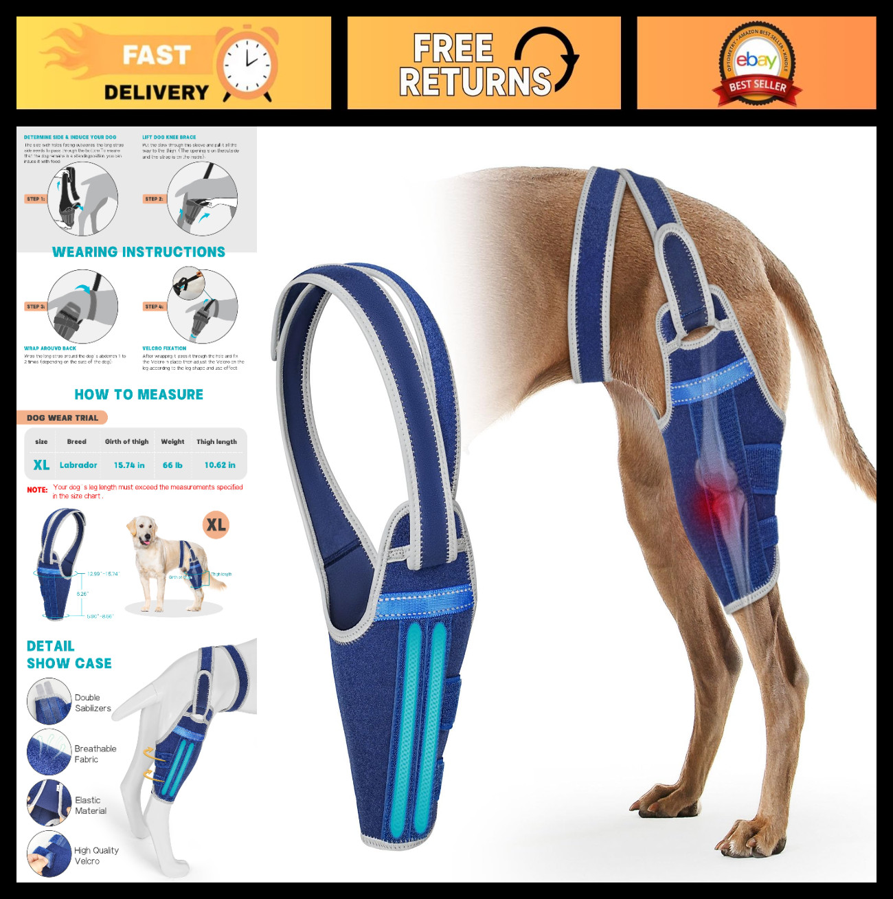 Adjustable Dog Knee Brace for Torn ACL – Support for Hind Leg, Pain Relief, Liga