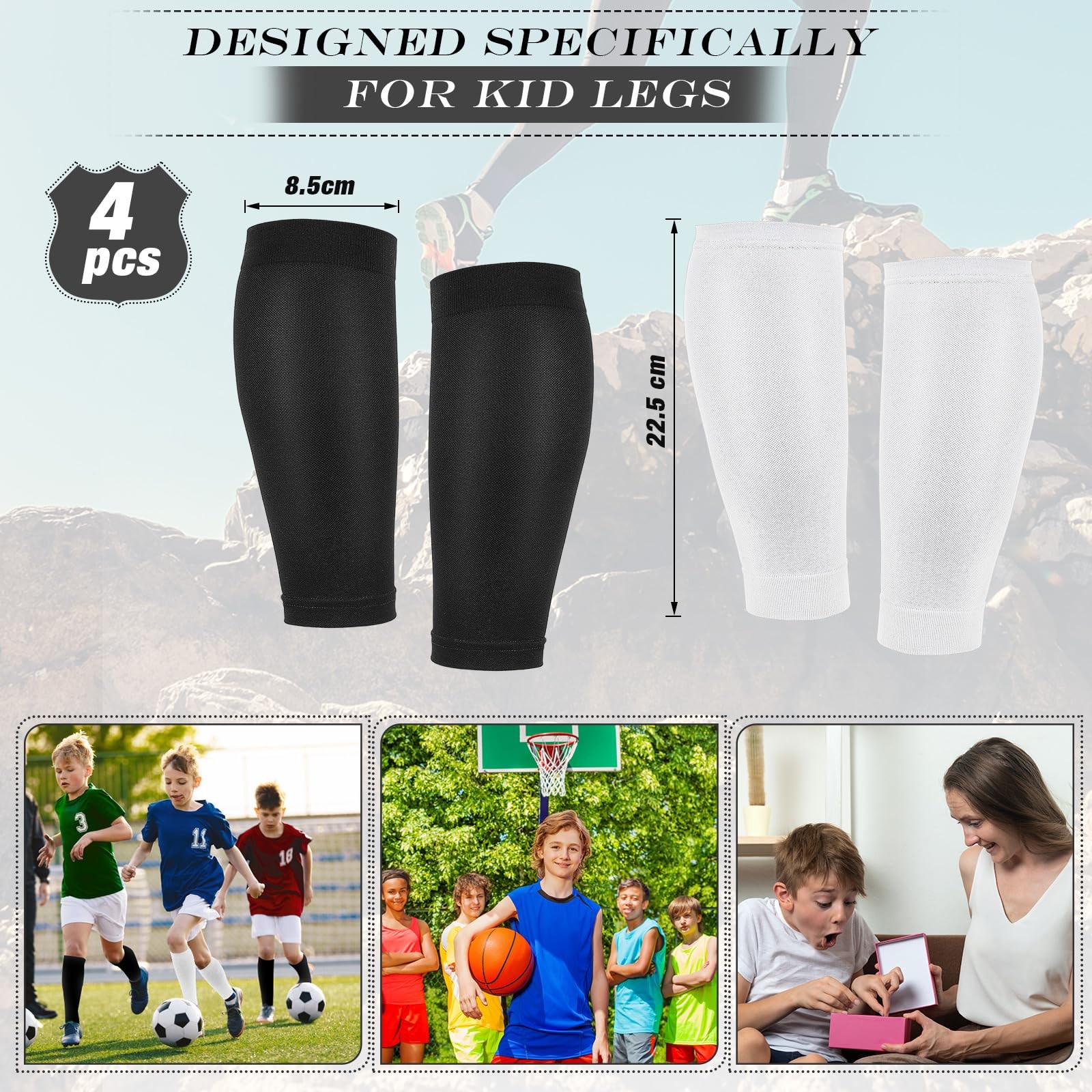 4 Pairs Kids Calf Sleeves Youth Leg Sleeves for Football Kid Compression Prot…