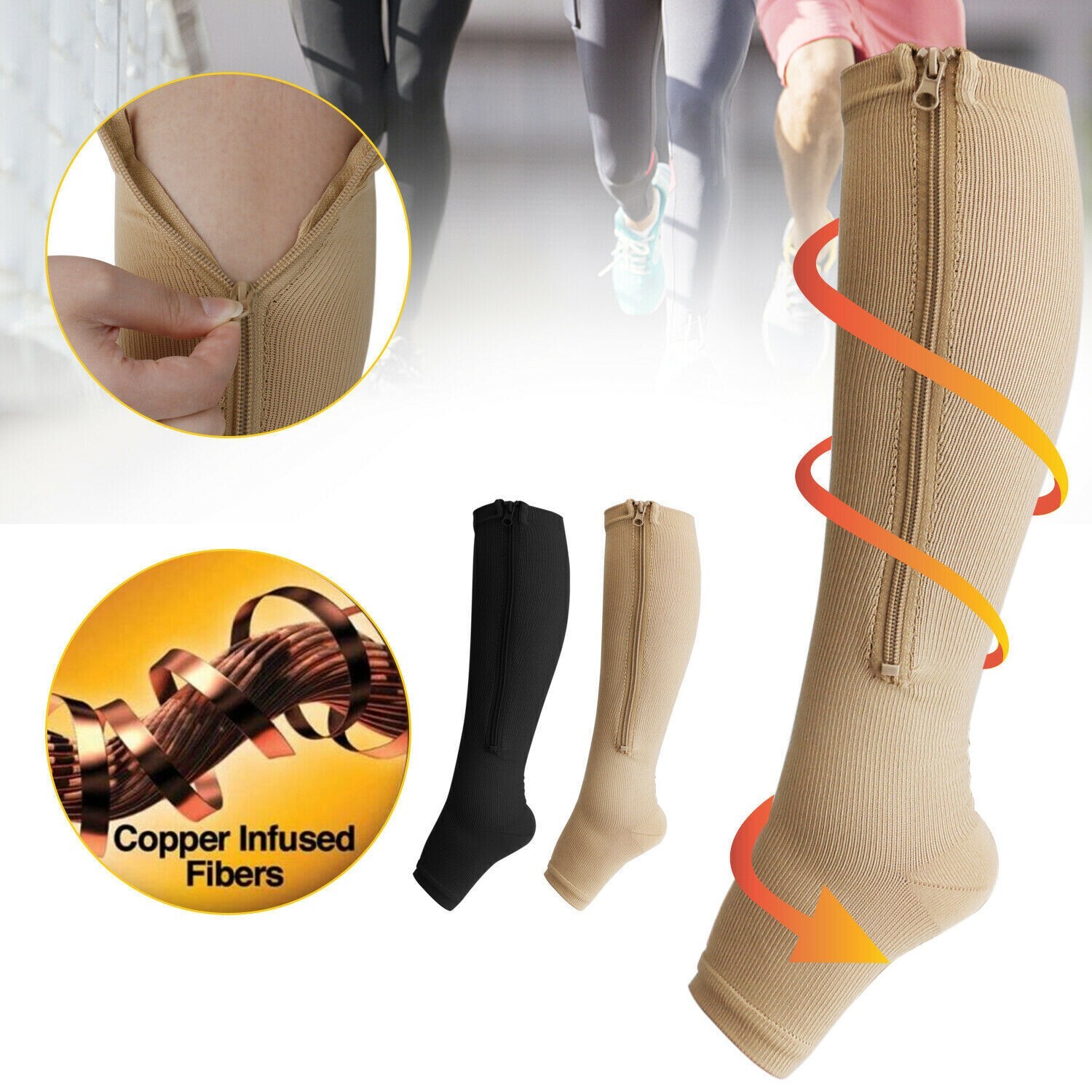 S/M-L/XL Zip Up Compression Socks Open Toe Leg Foot Support 20-30mmHg Men&Women