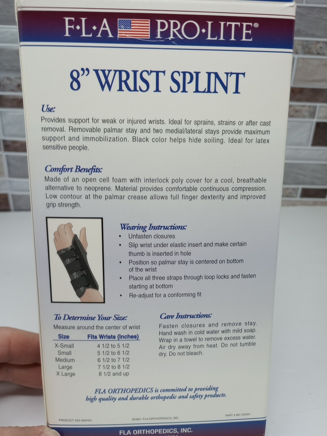 FLA Pro-Lite 8″ Wrist Splint Black Left Hand X-SMALL Open Box