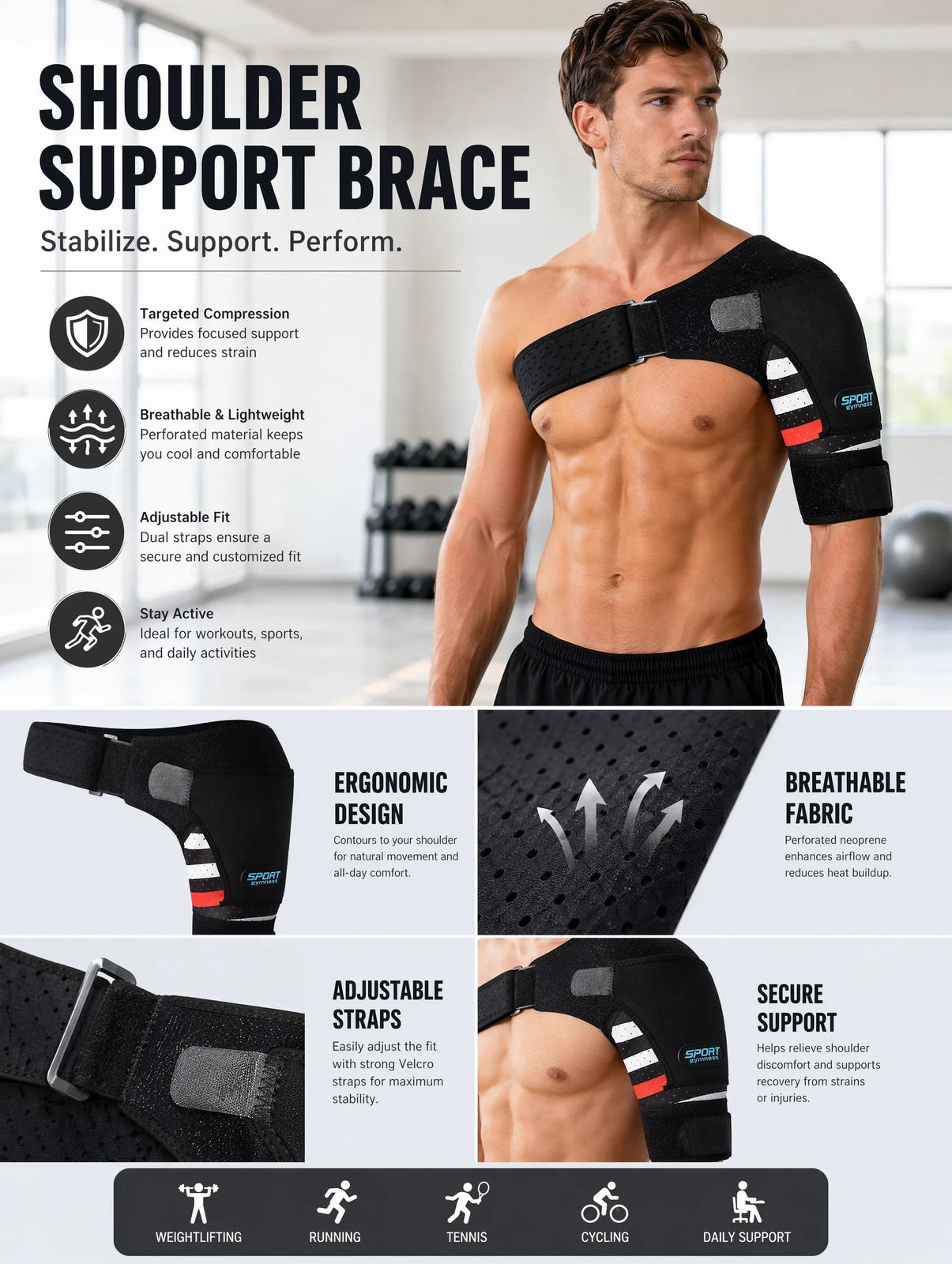 New Shoulder Support Brace, Adjustable Shoulder Stability Brace with Ice Pocket