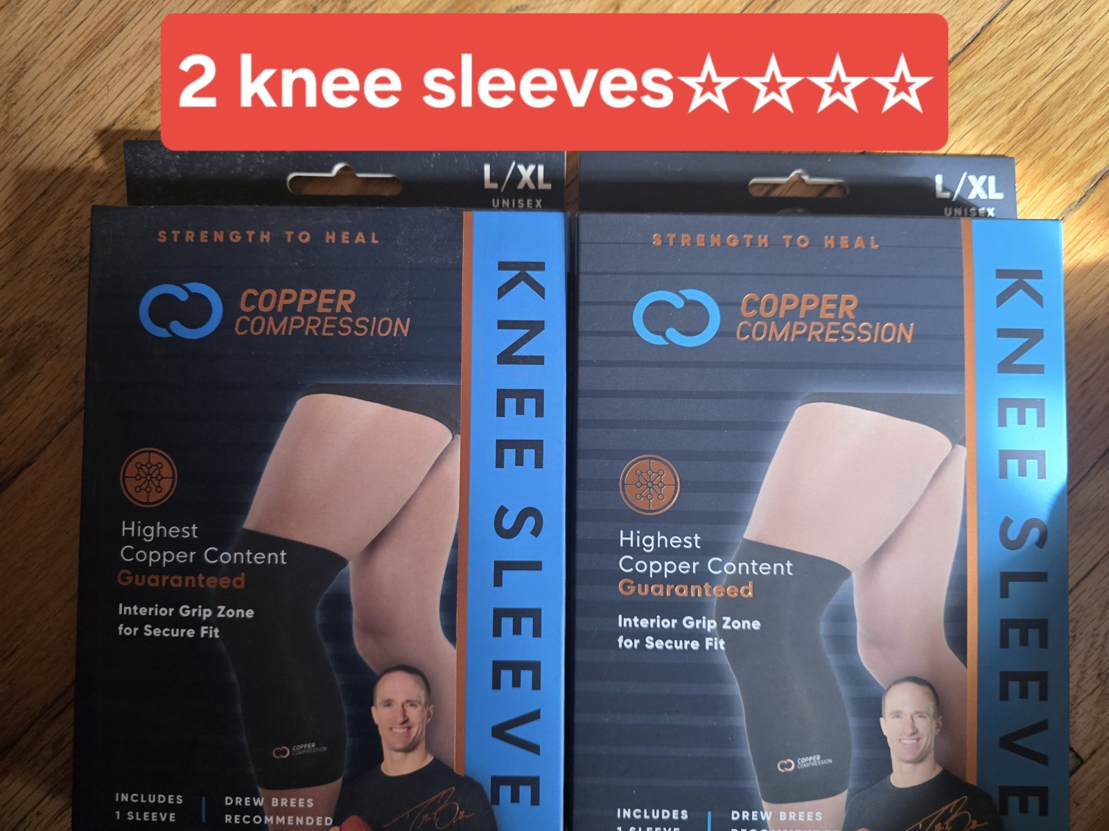 Copper Compression Knee Sleeve L/XL unisex includes 2 SLEEVES TOTAL