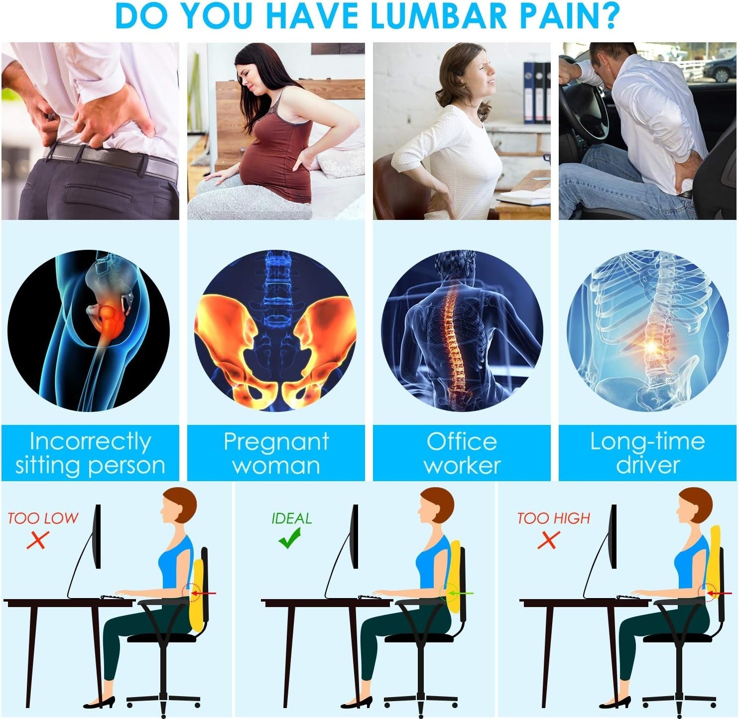Niceeday Memory Foam Lumbar Support Pillow Office Chair Car Back Cushion Black