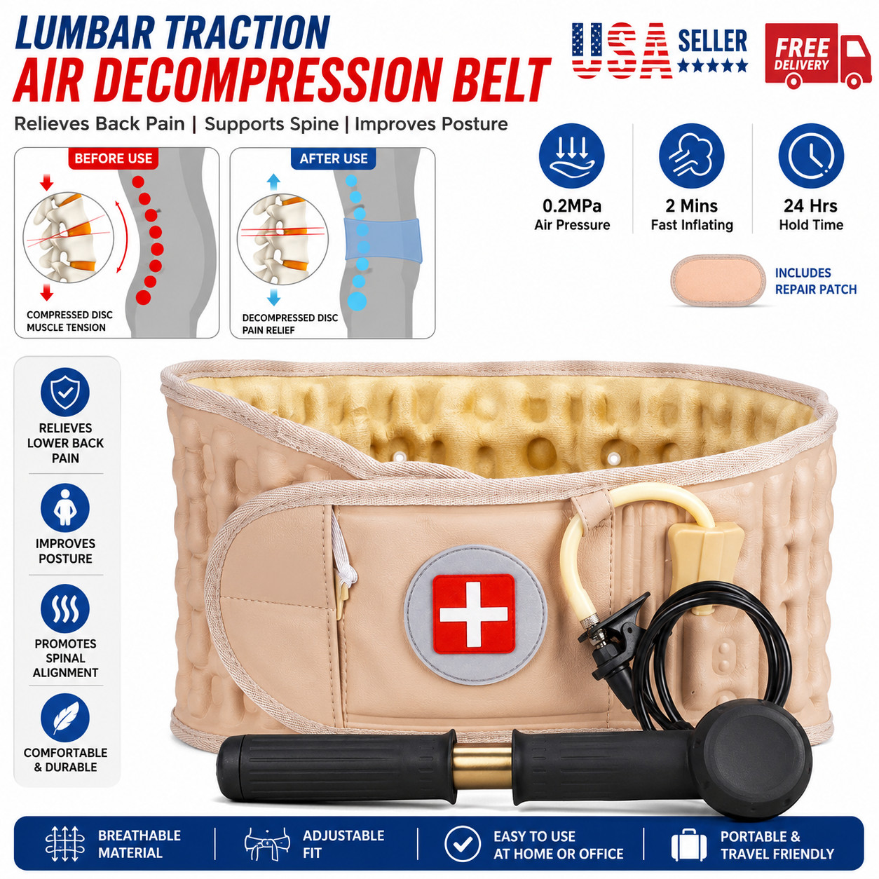 Decompression Belt Back Brace Lumbar Spinal Support & Extender Belt Air Traction