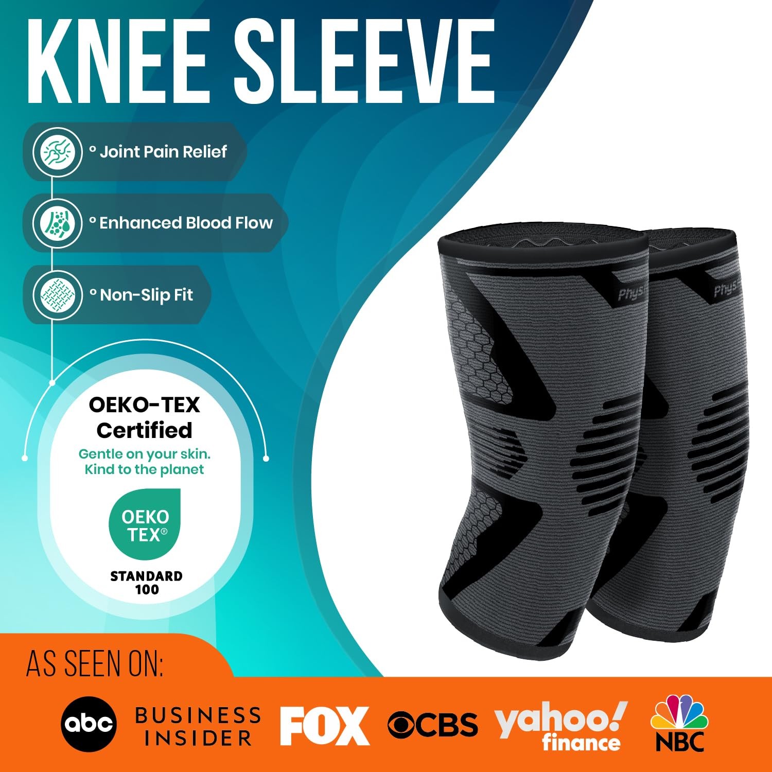 PhysFlex Knee Compression Sleeve for Pain Relief, Support for Workouts & Sports