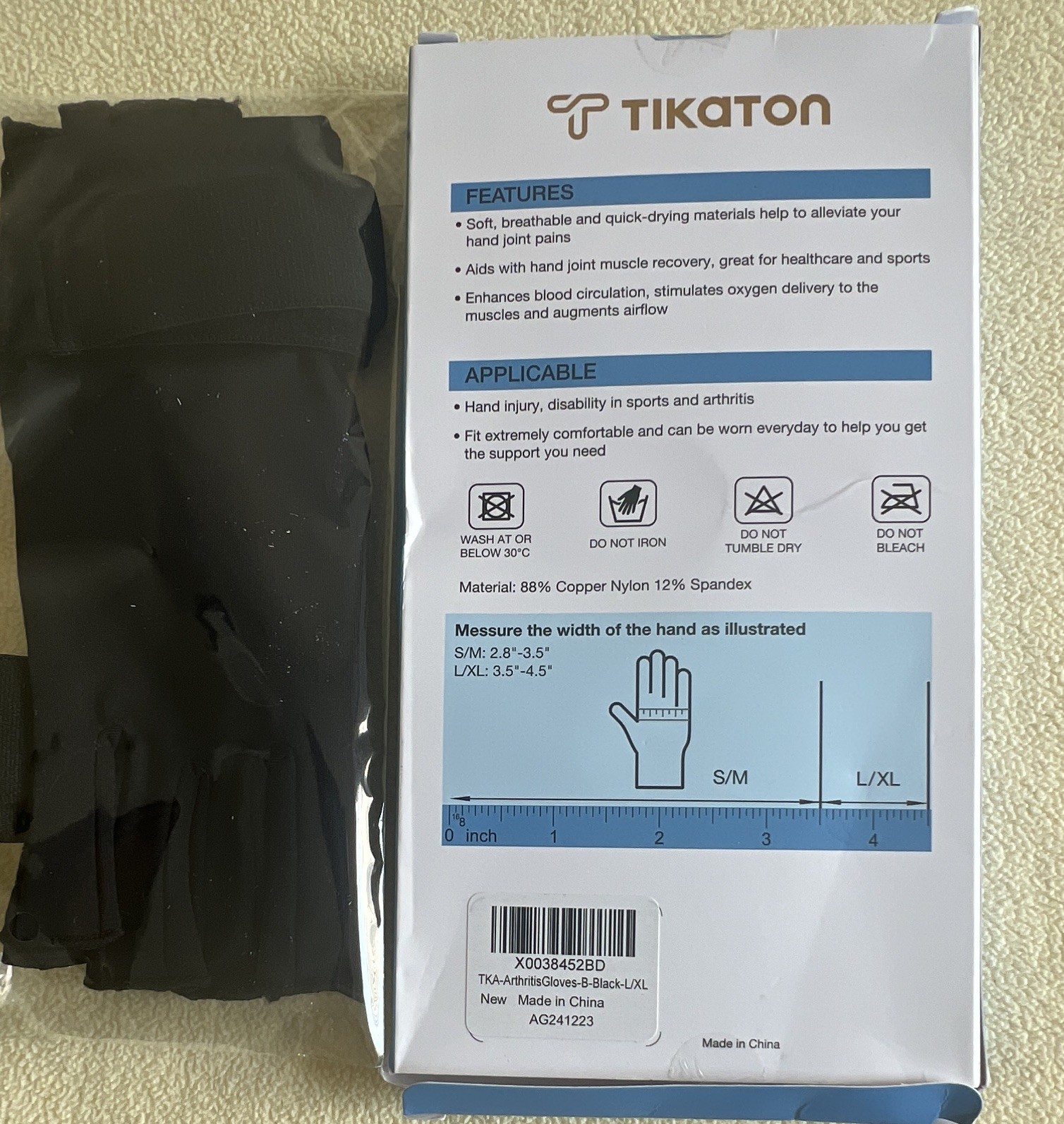 TIKATON Half Finger Arthritis Gloves L/XL Black Adjustable Copper Nylon Spandex