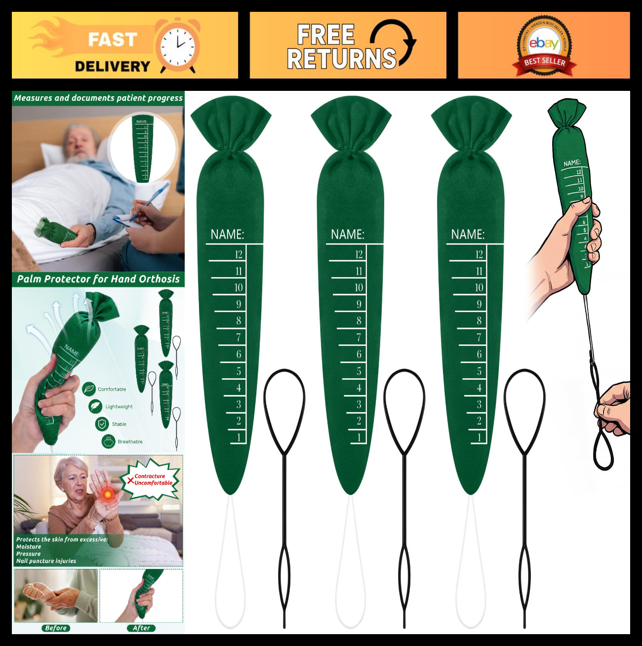 3 Pcs Palm Protector Kit – Carrot Shape Finger Orthosis for Parkinson’s & Dement