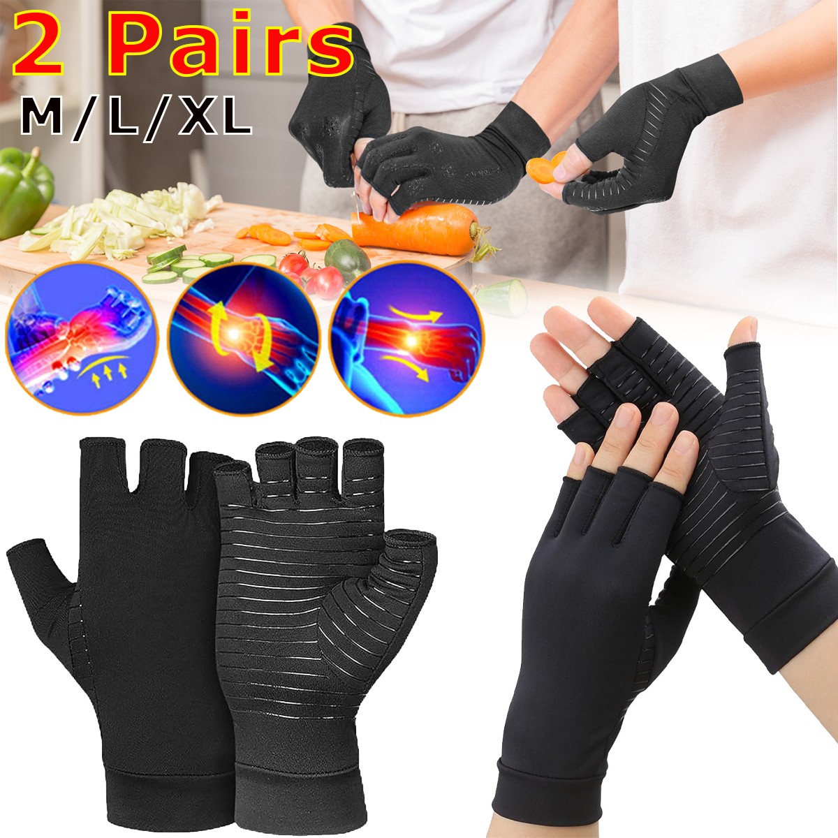 2 Pair Arthritis Compression Gloves Hand Support Joint Pain Relief Carpal Tunnel