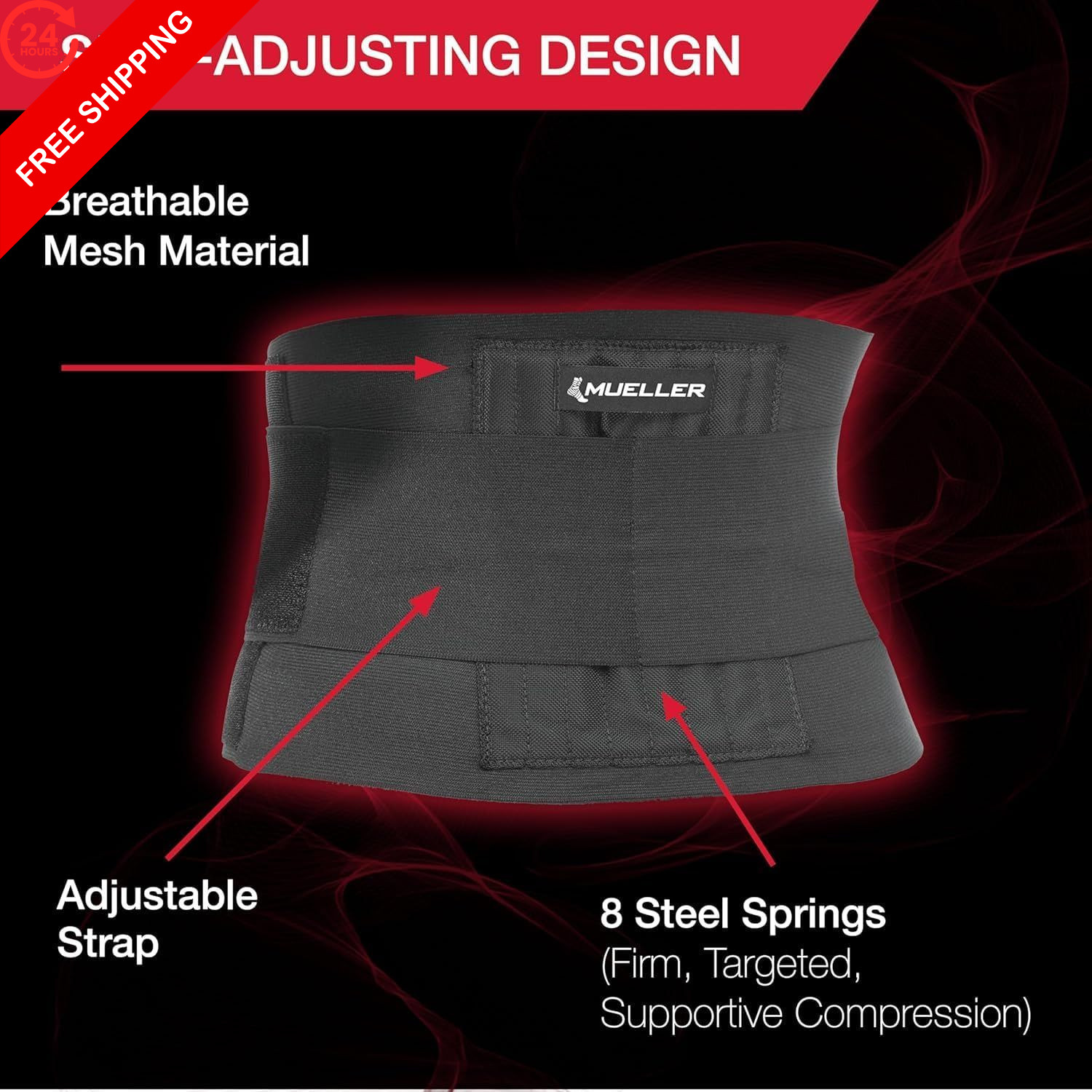 MUELLER Sports Medicine Adjustable Back Brace, Ideal for One Size, Black