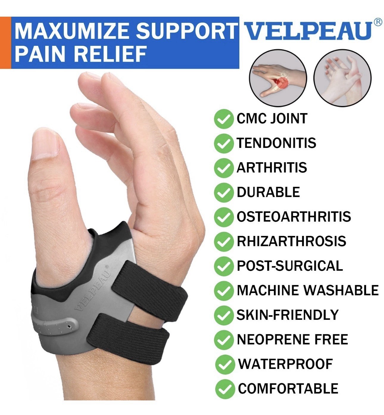 VELPEAU CMC Thumb Brace Joint Support Splint SIZE SMALL – RIGHT HAND