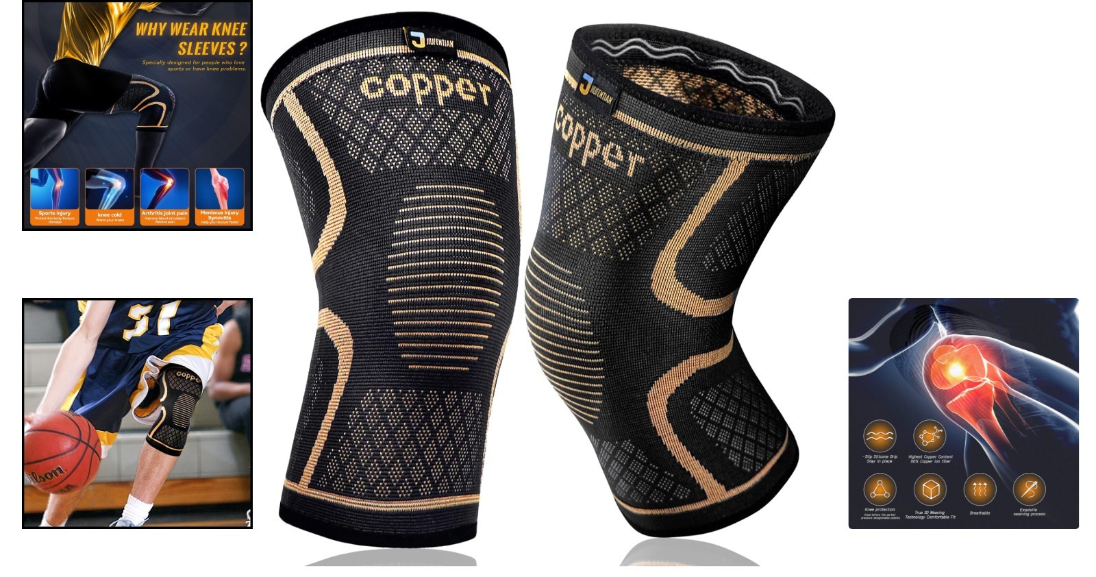 2-Pack Copper Compression Knee Braces for Pain Relief & Sports Support – Large