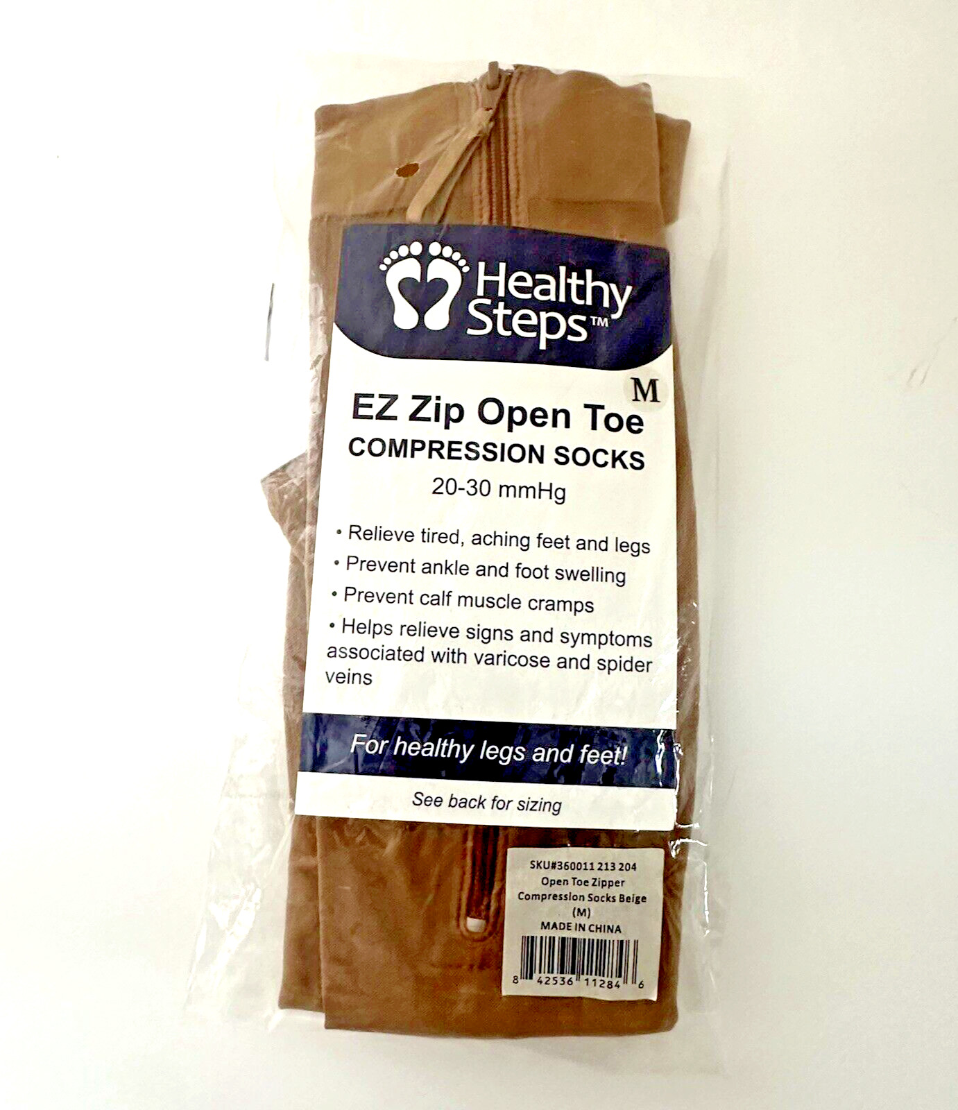 Healthy Steps EZ Zip Open Toe Compression Socks 20–30 mmHg Beige M