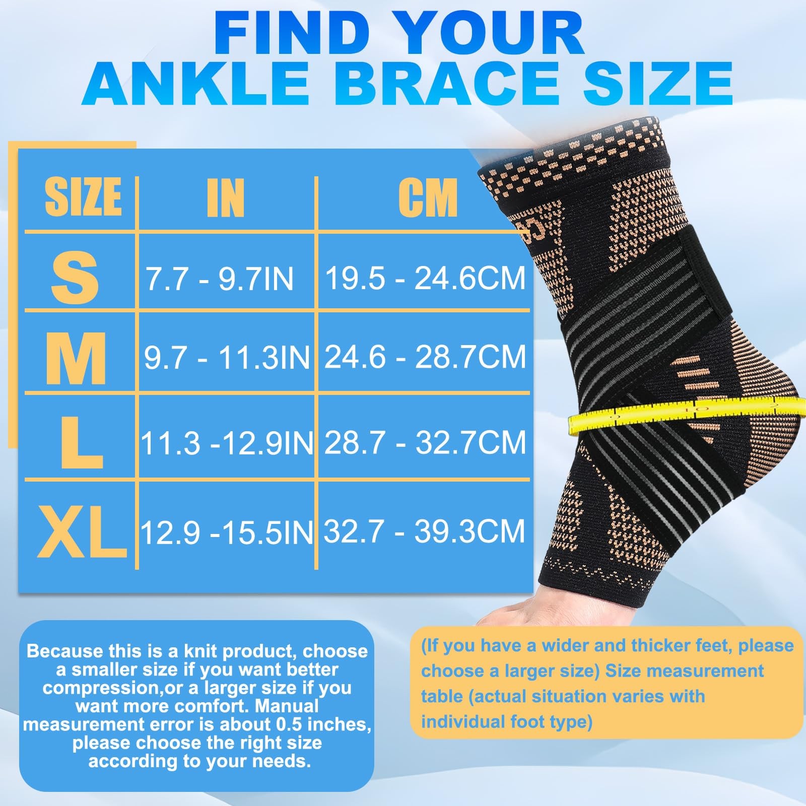 LISEPWU Copper Ankle Brace with Adjustable Compression Bandage, Large, Black
