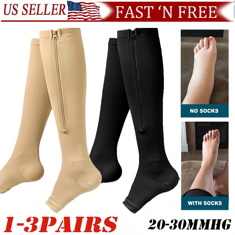 Zipper Open Toe Compression Socks 20-30mmHg Calf Leg Ankle Support Stocking GYM