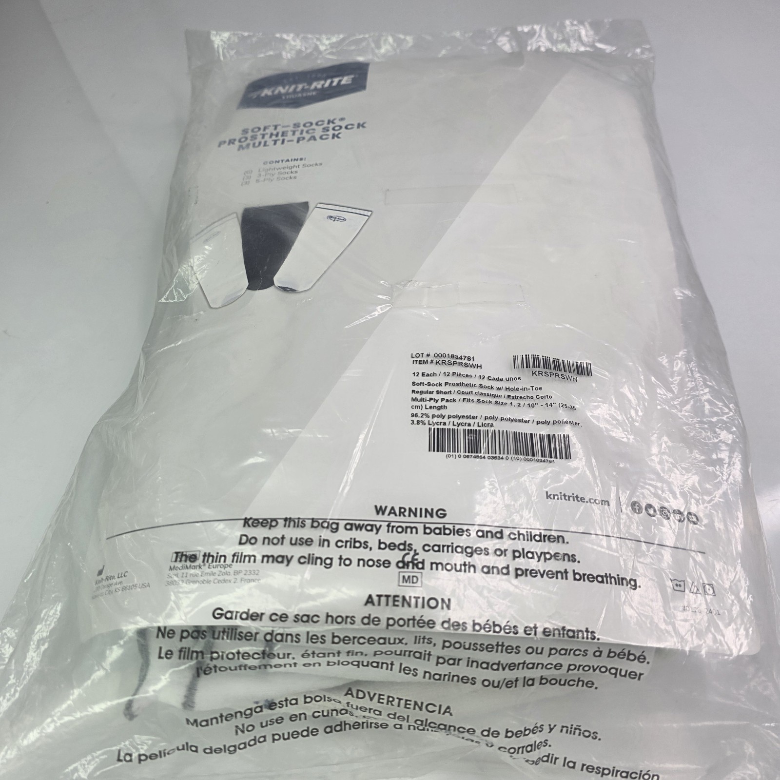 Knit-Rite Thuasne Soft Sock Prosthetic Sock Multi Pack KRSPRSWH. 1, 2 / 10″-14″