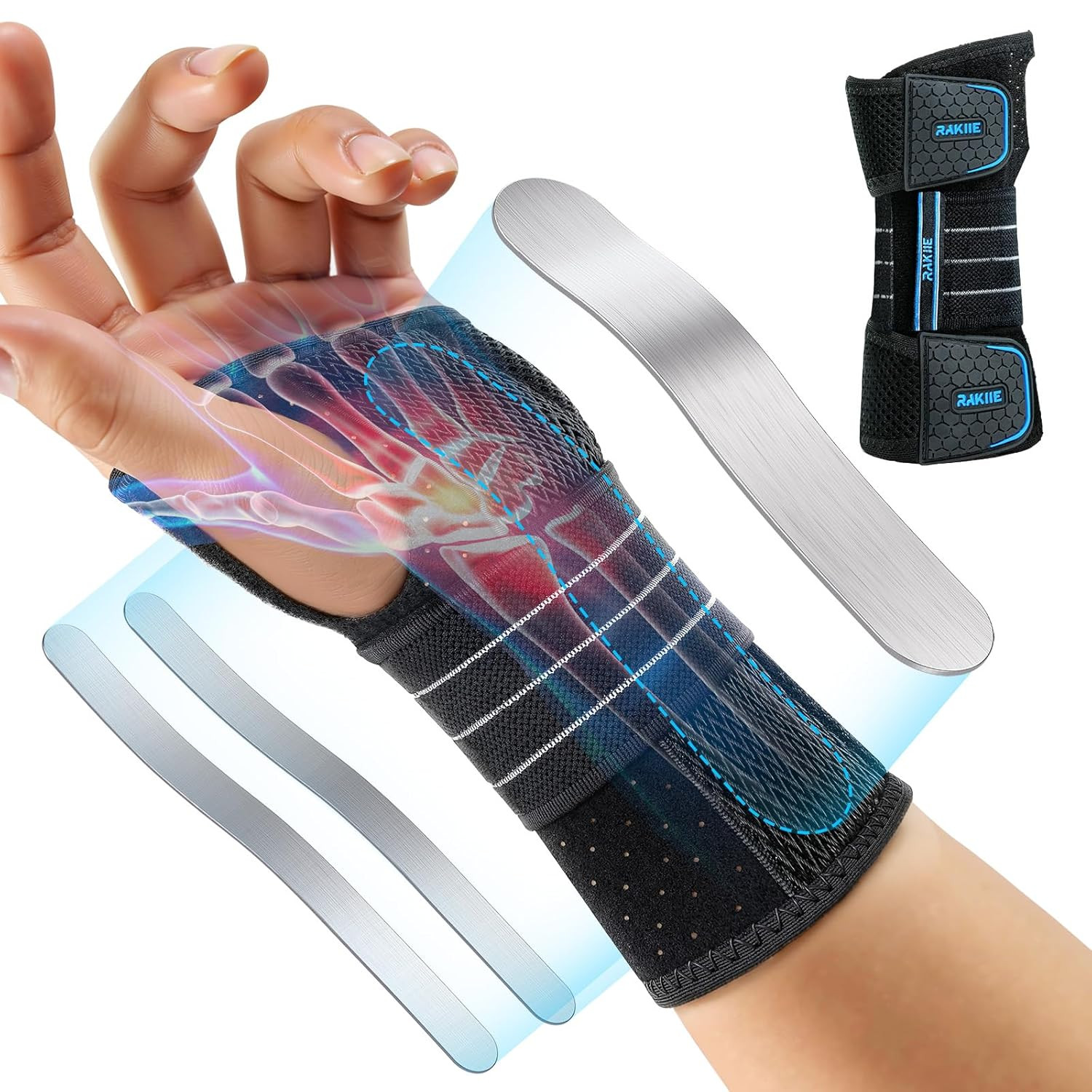 Rakiie Carpal Tunnel Wrist Brace, Adjustable Night Wrist Support with 3 Metal Sp
