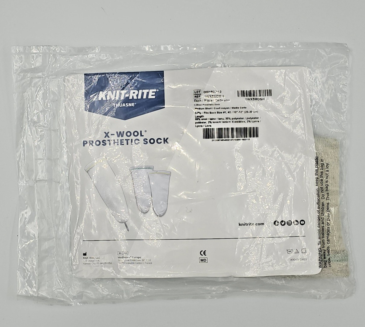2 New Knit Rite Thuasane X-Wool Prosthetic Sock 5 Ply 10″-12 1WX5MDSH SZ #1 – #2
