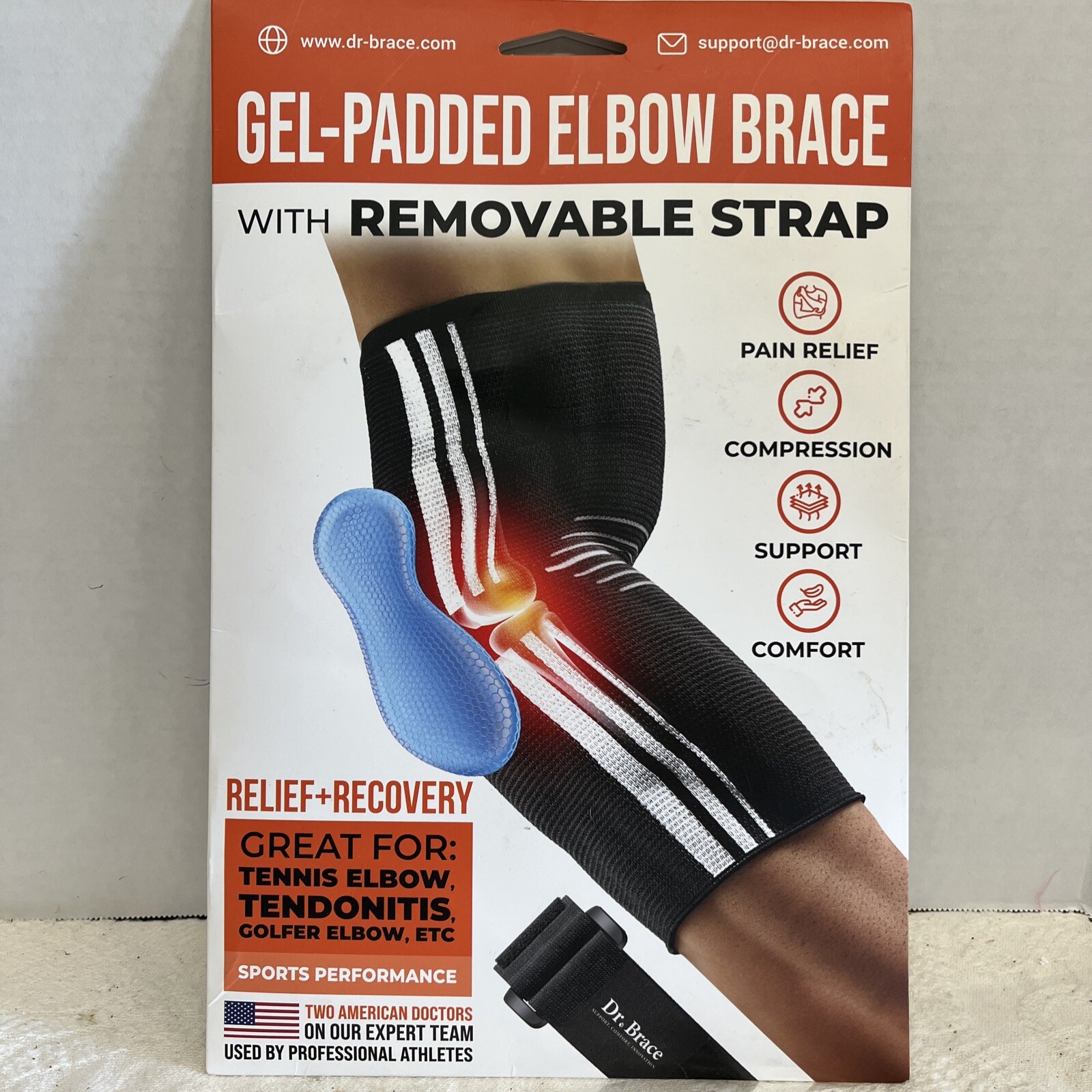 DR. BRACE Gel Padded Elbow Brace w/Removable Strap Compression Pain Relief Large