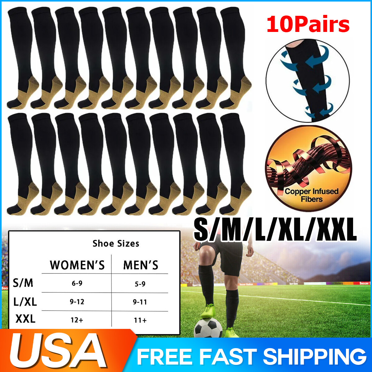 10 Pairs Copper Compression Socks 20-30mmHg Graduated Support Mens Womens S-XXL