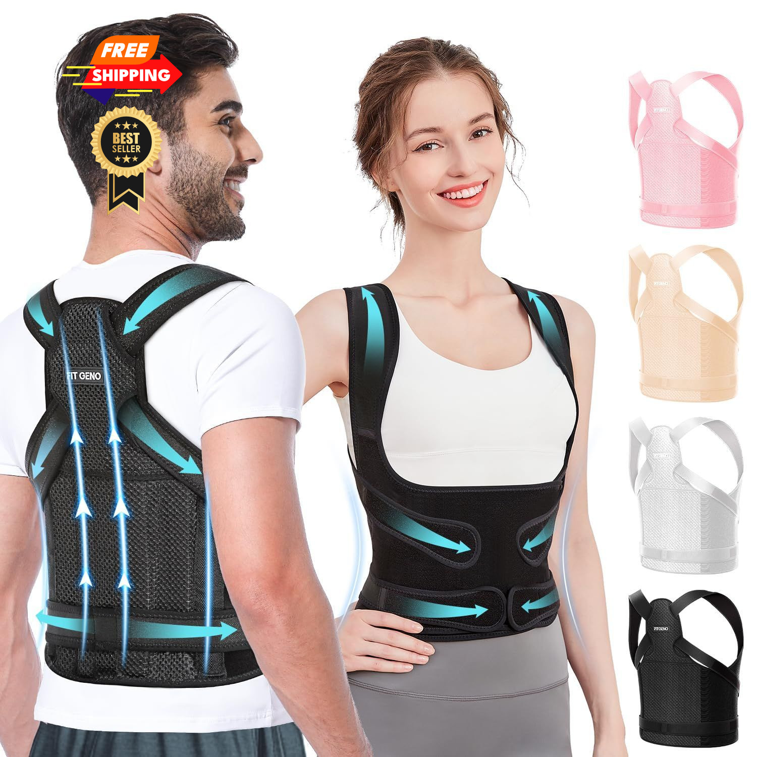 Fit Geno Back Brace Posture Corrector for Women and Men, X-Large, Black