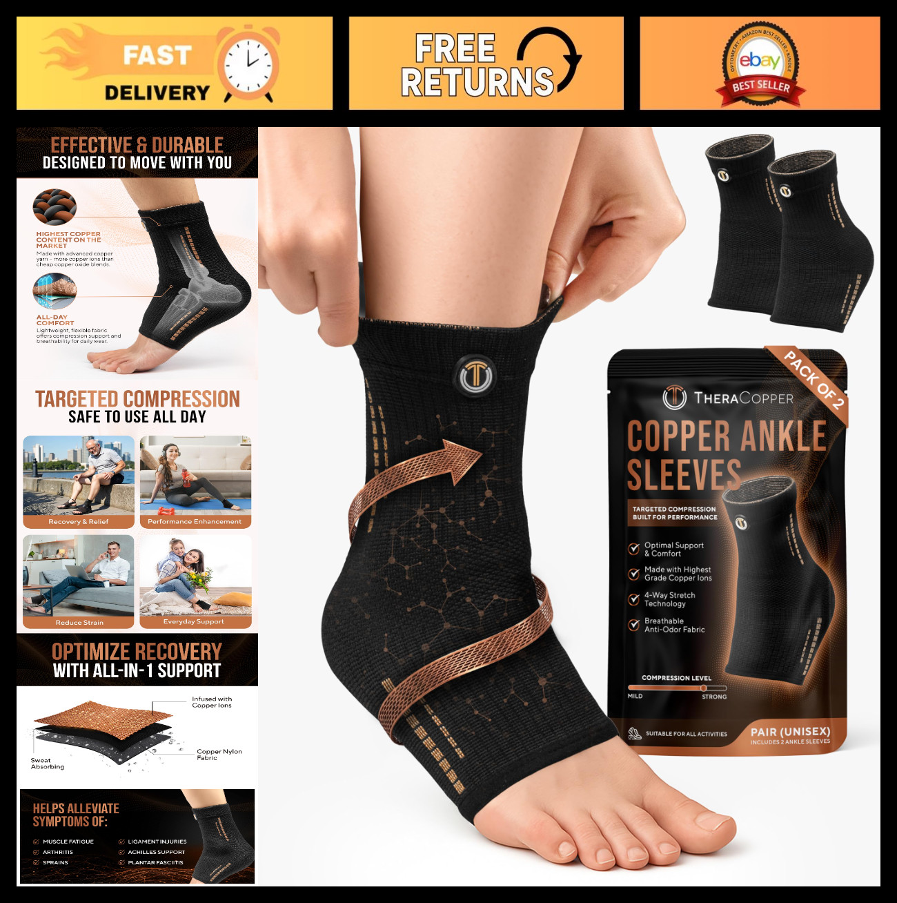 Compression Ankle Brace 2 Pack – Copper Infused Support Sleeve for Pain Relief,