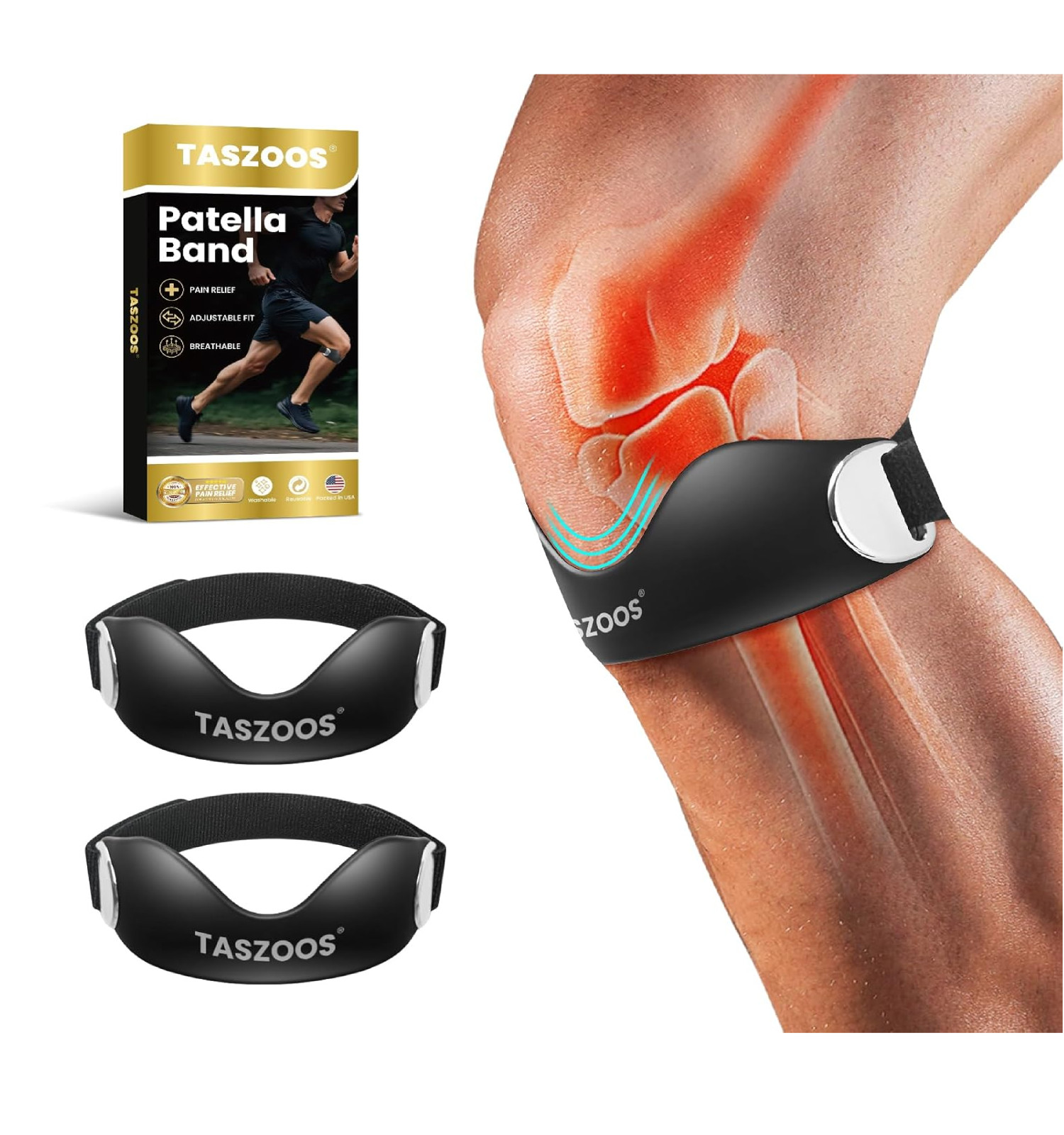 TAZSOOS Patellar Tendon Support Strap, 2 Pack Adjustable Non-Slip Silicone Patel