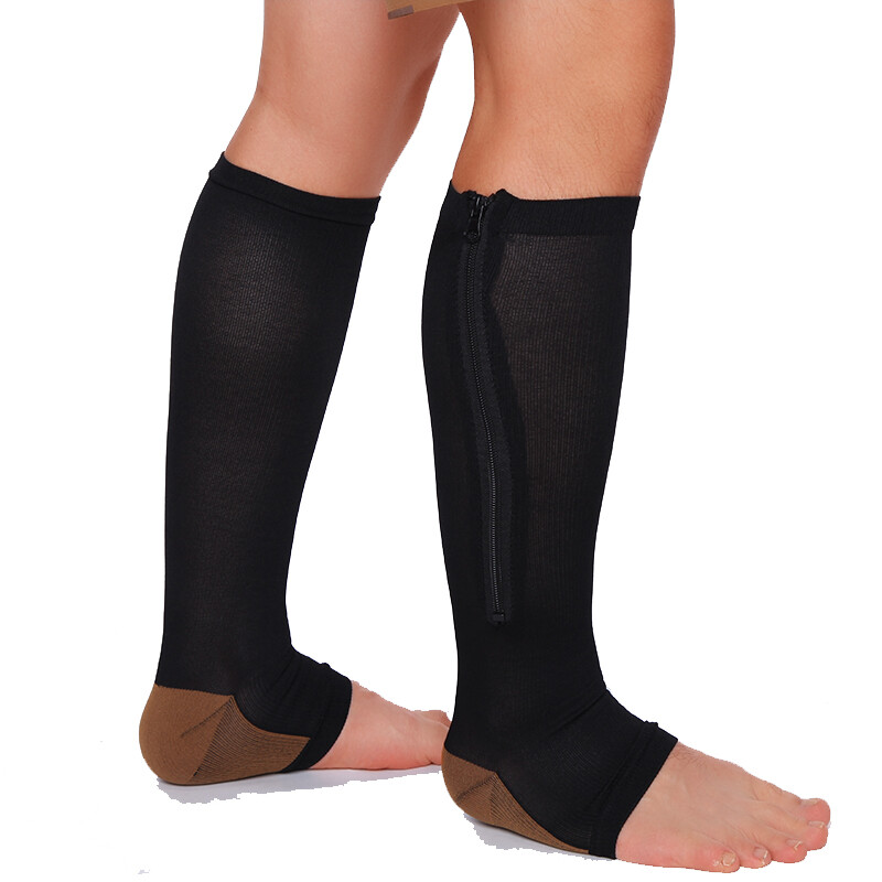 Pair Copper Open Toe Compression Socks Zipper Leg Calf Ankle Support Men Women