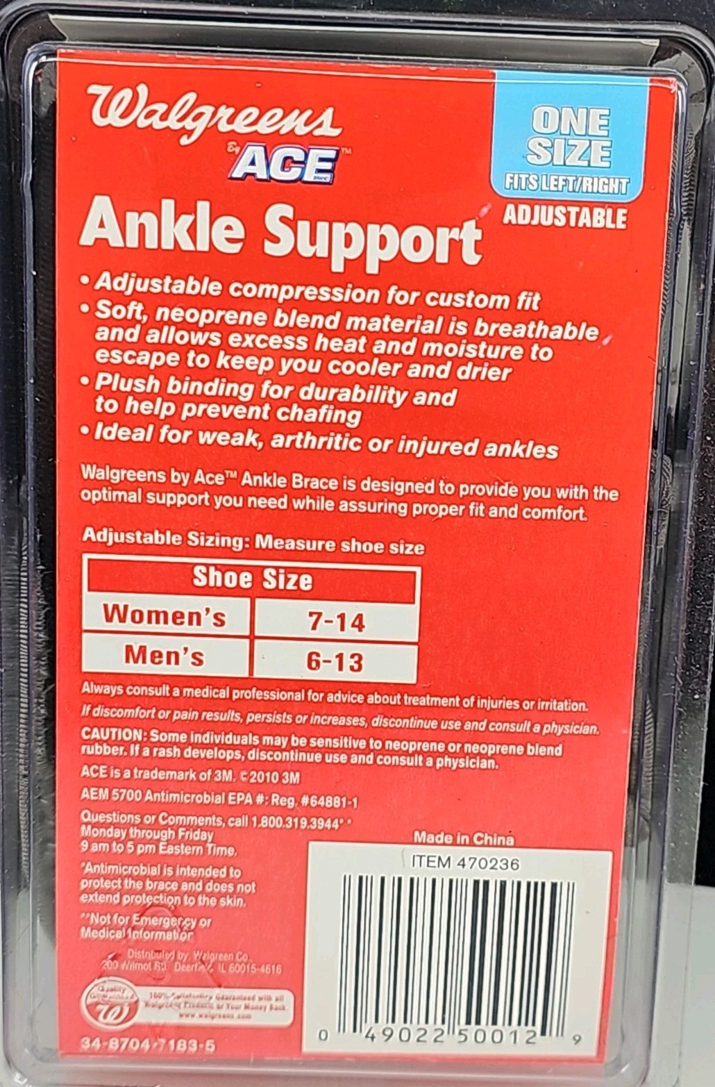 Walgreen Ace Ankle Support One Size Fit Both Feet Adjustable Woman 7-14 Men 6-13