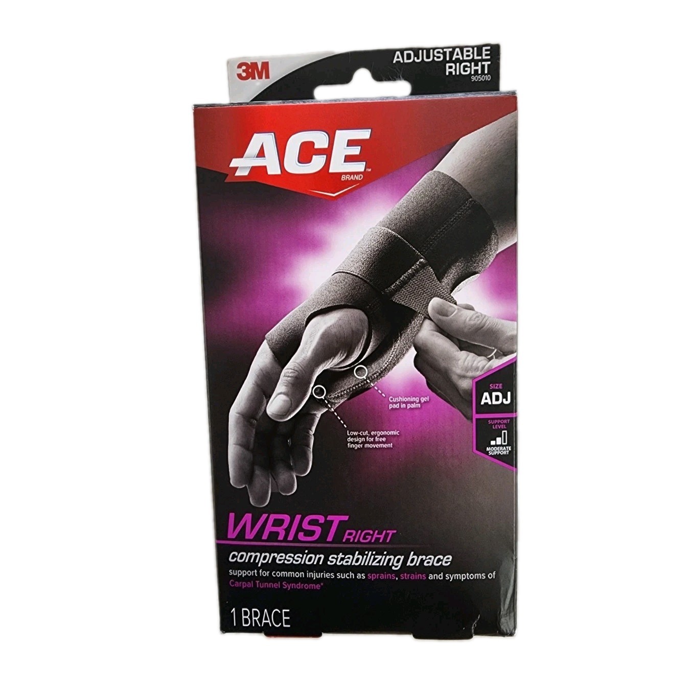 ACE Compression Stabilizing Adjustable Wrist Brace Right Gel Pad Palm Stabilizer