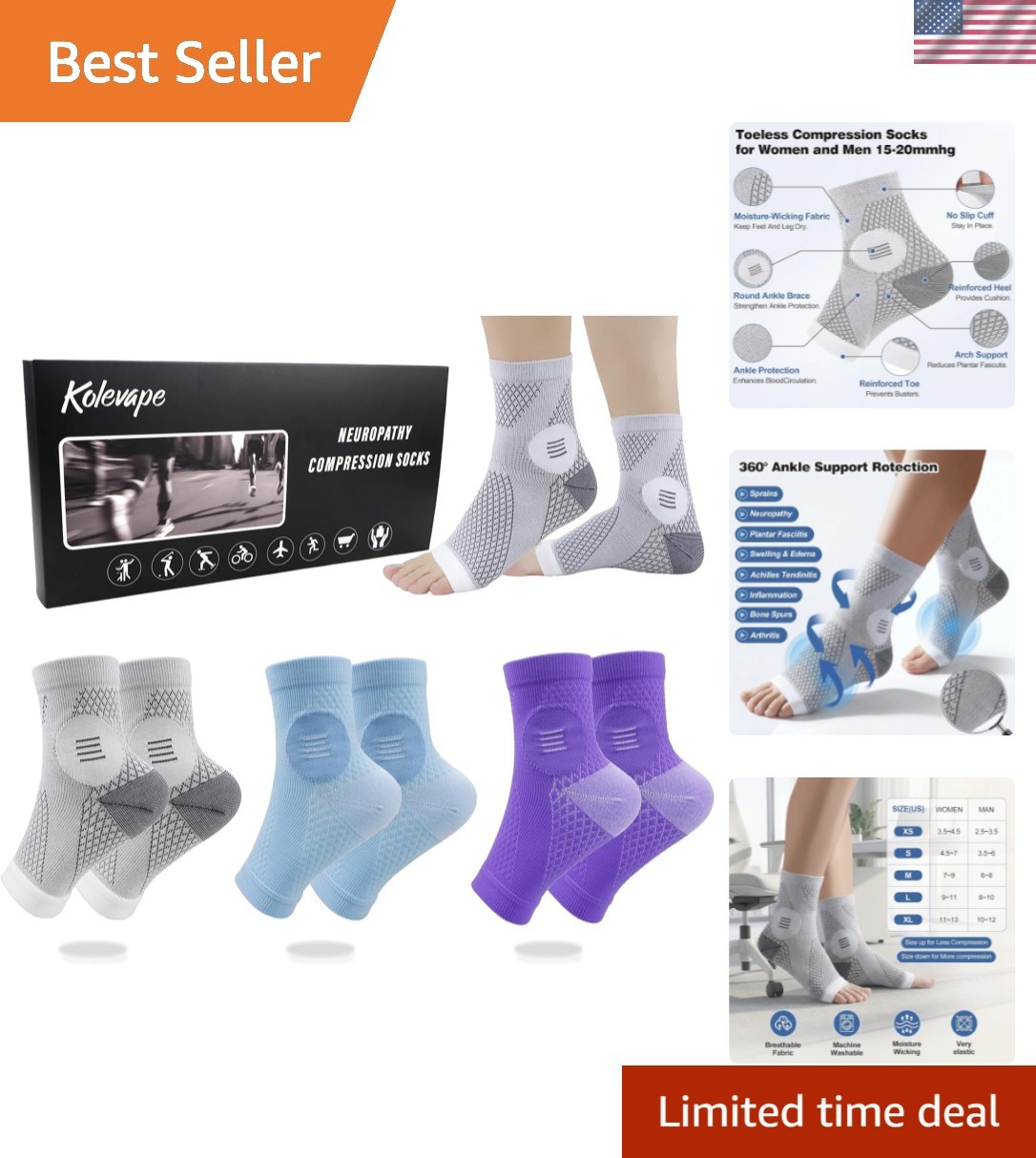 3Pairs Neuropathy Socks for Women and Men, Toeless Compression Socks for Neur…