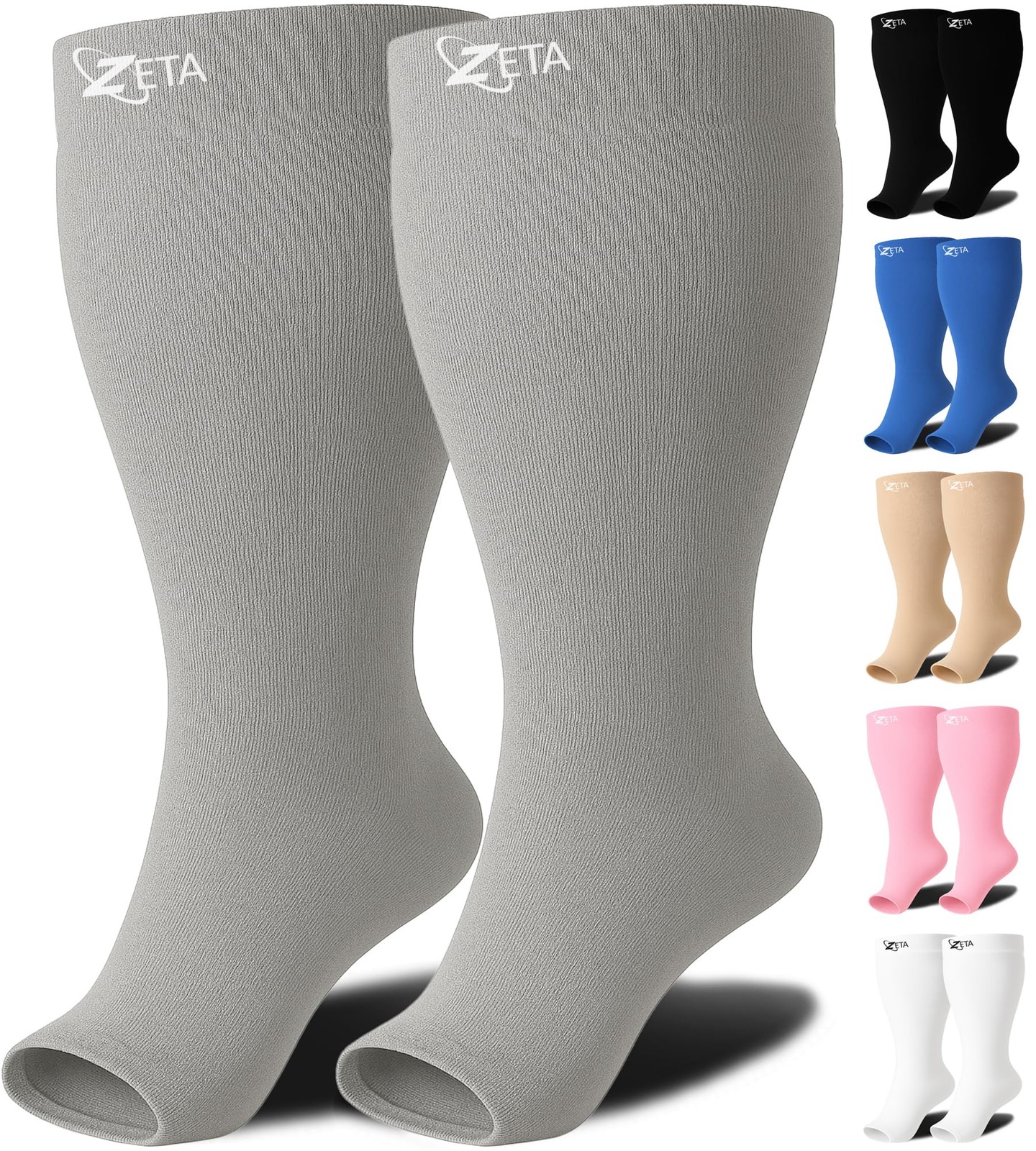 Zeta Wear Open Toe Plus Size Compression Socks for Women and 1 Pair – Gray