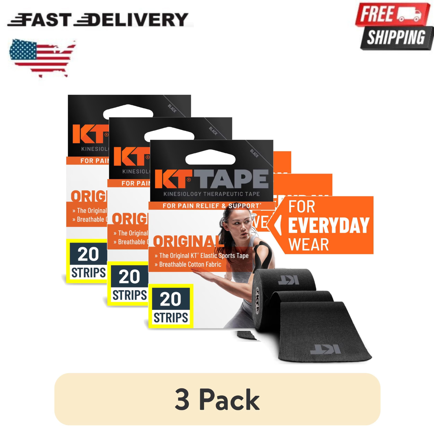 (3 pack) KT Tape Original Cotton Kinesiology Tape, Black, 20 Precut Strips