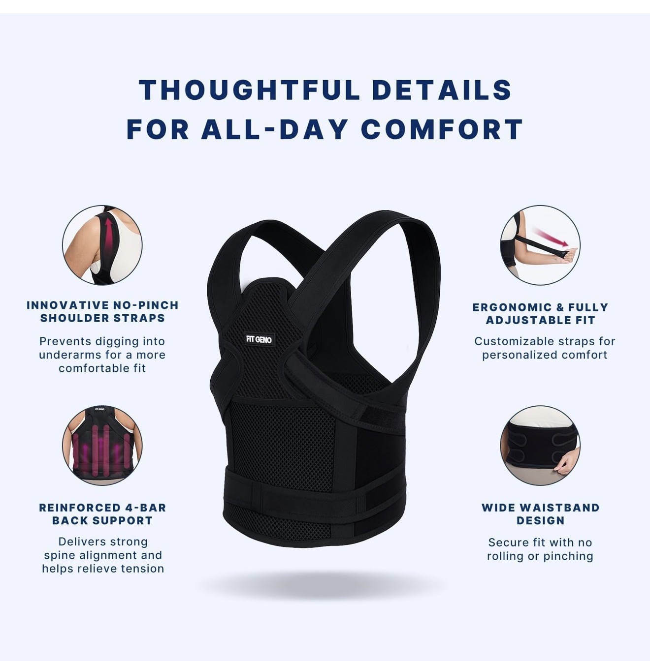 Fit Geno Back Brace Posture Corrector for Women and Men, Shoulder Straightener,