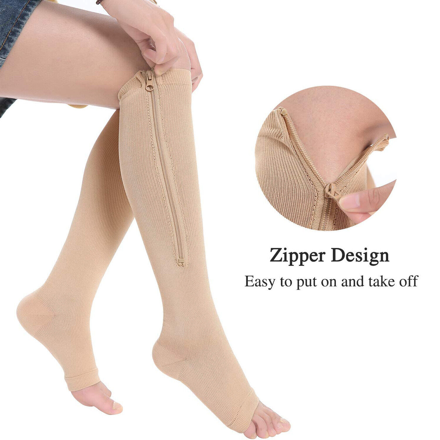 3Pair Zipper Compression Socks Knee High Open Toe Stockings 20 mmhg for Diabetic